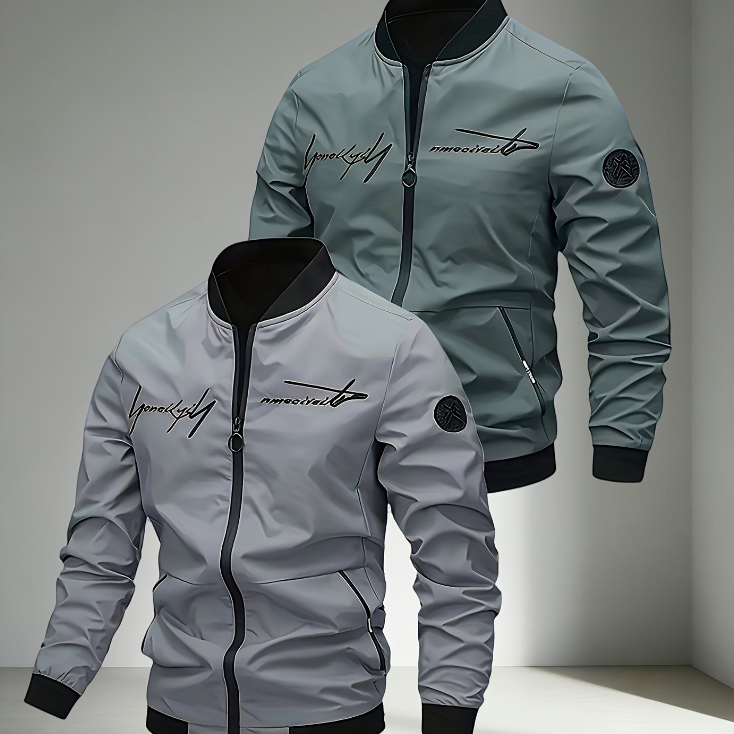 TEMU 2pcs Men's Windproof Pilot Jacket - Letter Embroidery, Full Zip Closure, Casual Fashionable Versatile Trendy Black Jacket, A Must-have For