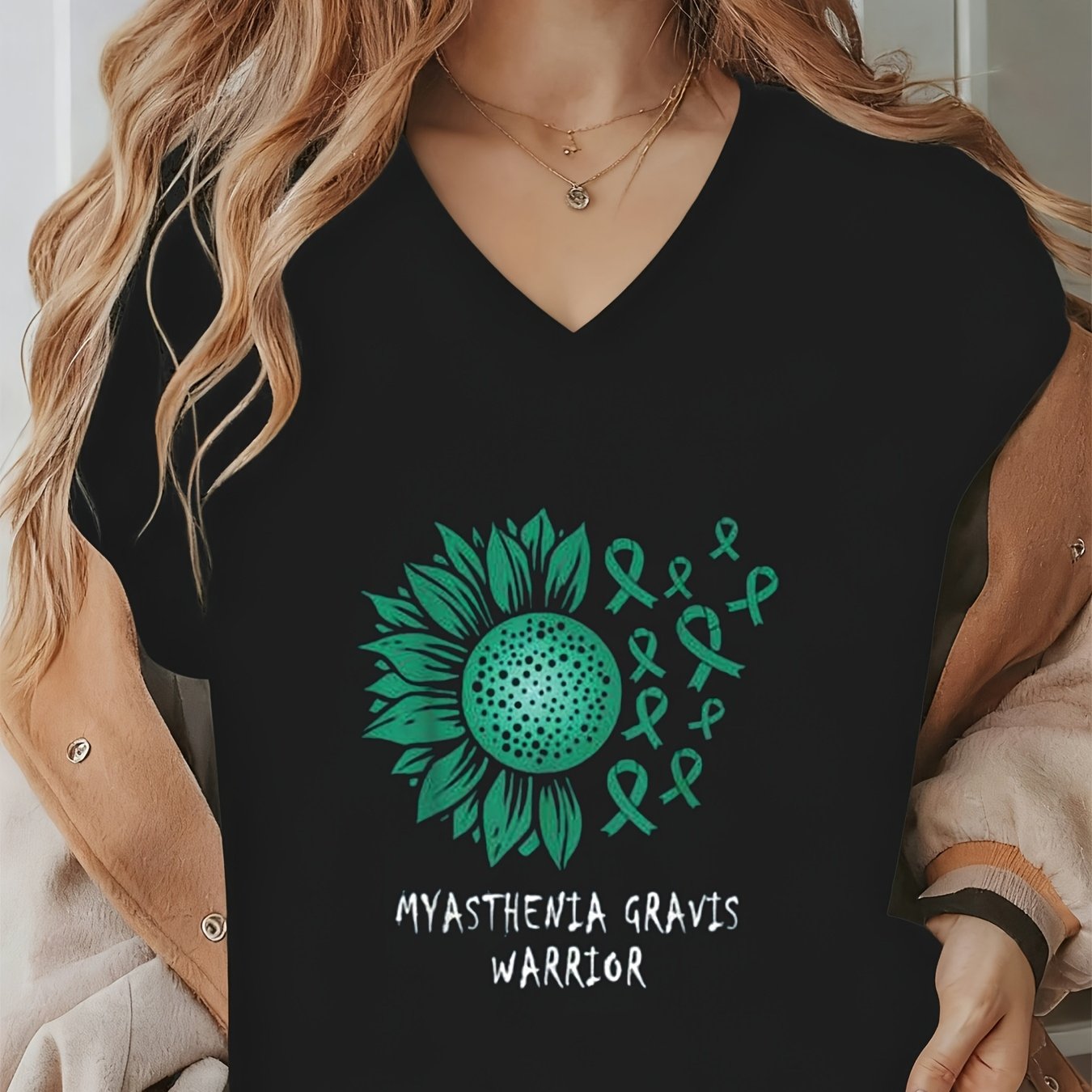TEMU Plus Size - Short Sleeve Casual Myasthenia Gravis Warrior Green Ribbon Large Size V-neck Short Sleeves 95% And 5%elastane