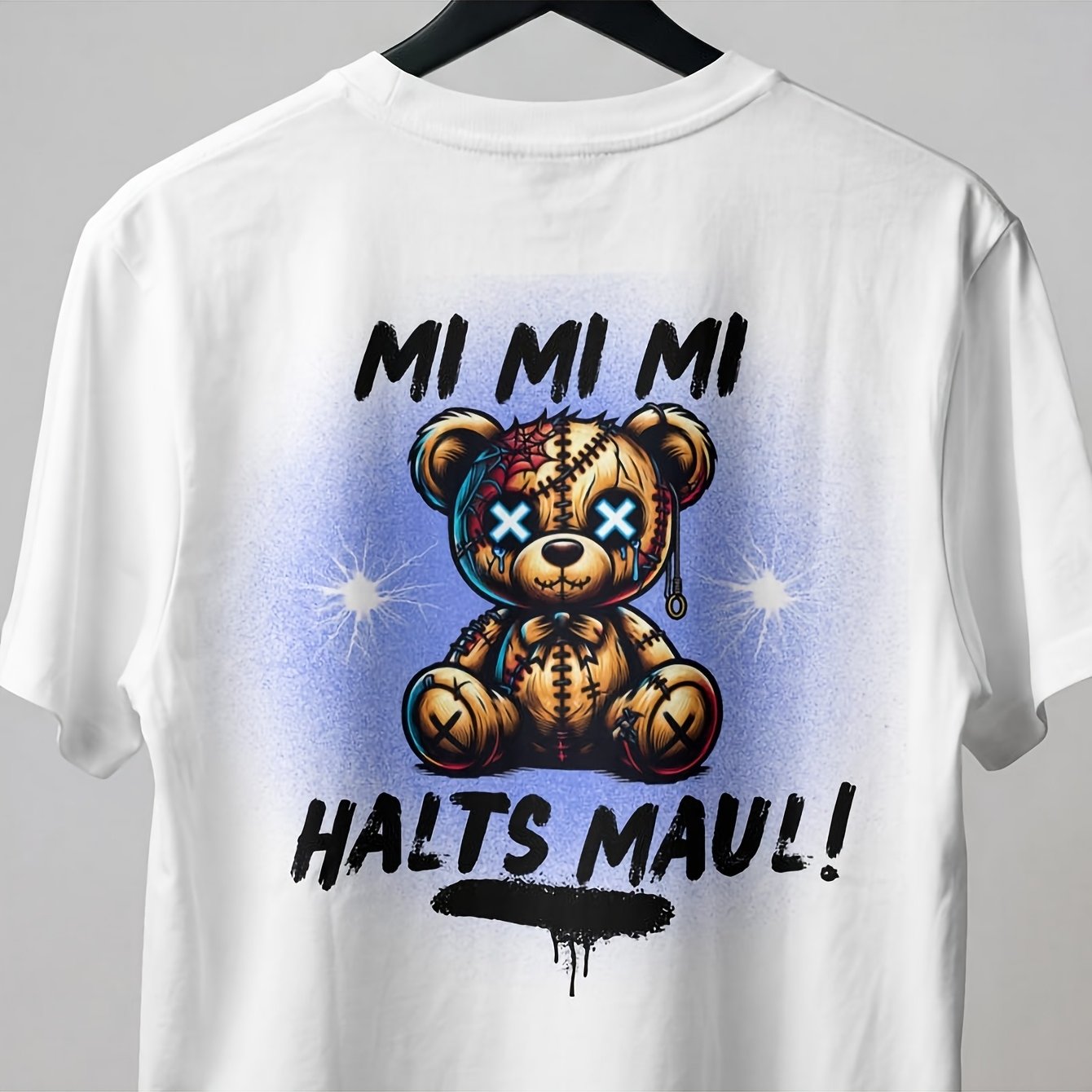 Image of Plus Size Stitched Broken Teddy Bear Mi Mi Mi German Streetwear Sarcastic Casual Daily Men's T-shirt Short Sleeves Round Neck White