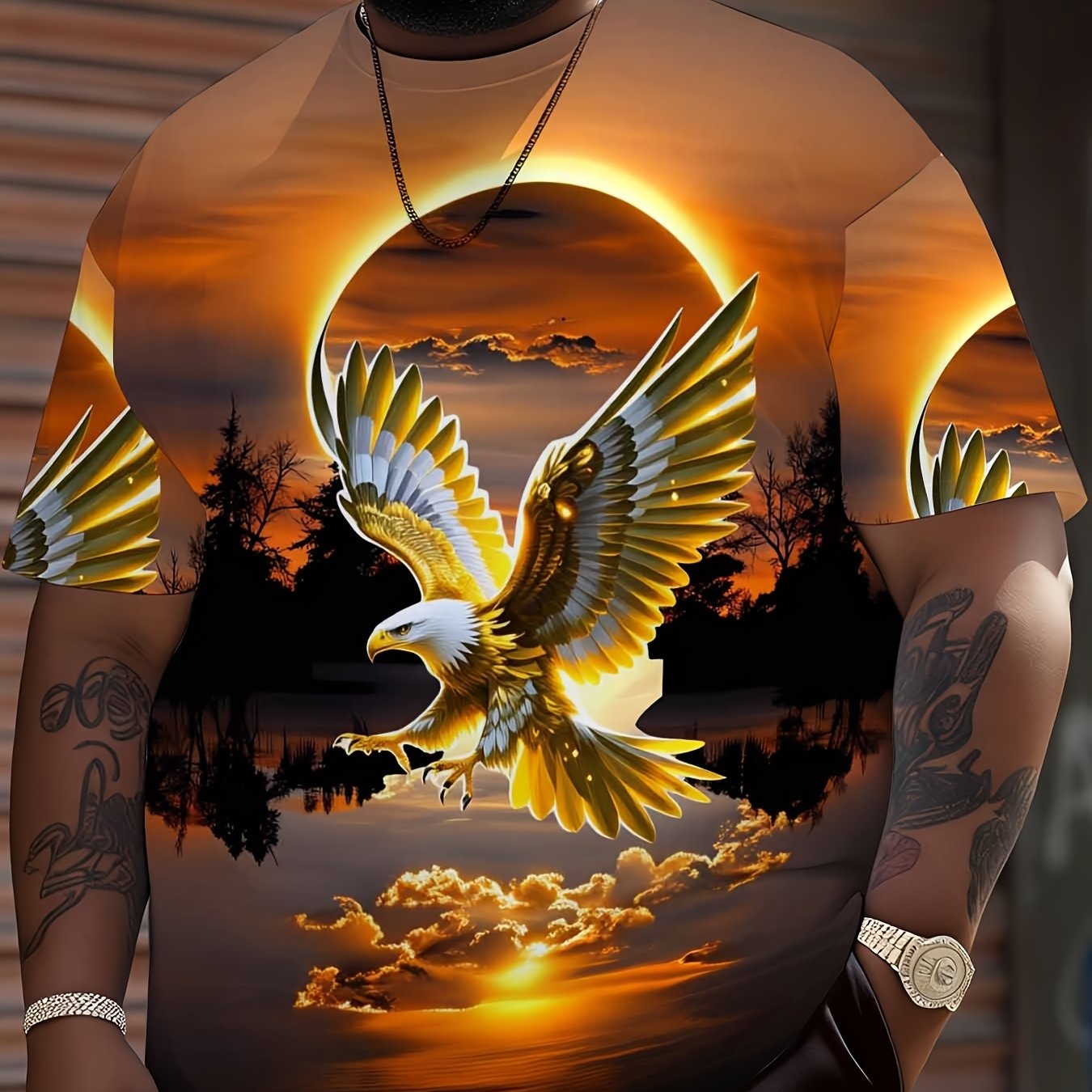 TEMU Men's Plus Size Printed T-shirt, Plus Size Men's Printed Short Sleeve Featuring A Sunset Eagle Graphic Showcasing An Eagle And A Natural Scene,
