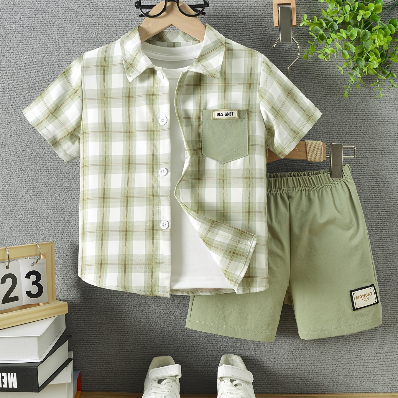 Image of Boys' Summer Short Sleeved Shirt Set With Collar Buttons And Striped Shirt, Boys' Top And Shorts, Trendy And Fashionable, Perfect For Outdoor,christmas,halloween