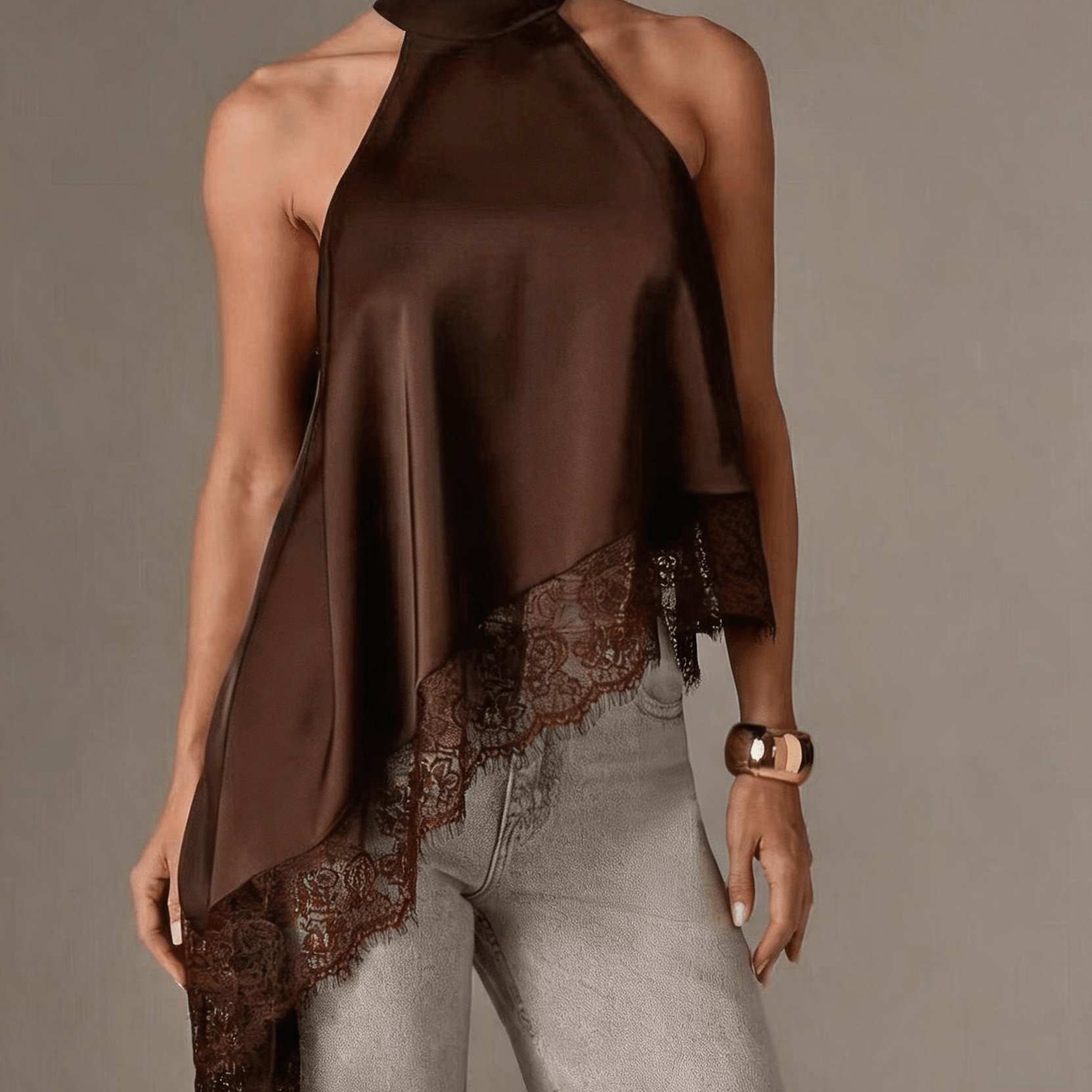 TEMU Directional Style Irregular Lace Neckline Halter Elegant Temperament Top Halter Vest