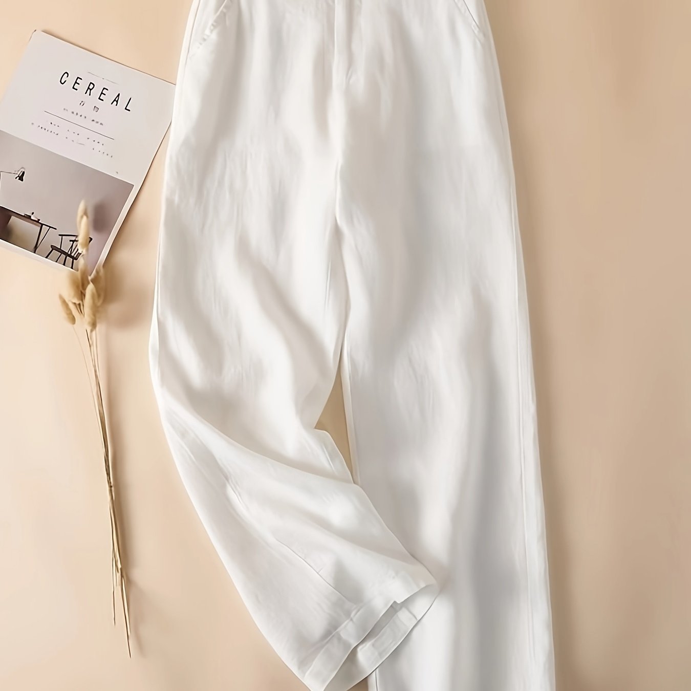 TEMU レディース ノン ワイドレッグパンツ - 軽量リネン素材のトなドレイプフィット、ストレートレッグデザイン オフィス・カジュアル・ルイベント用 洗濯機対応 日常着 通気性ファ