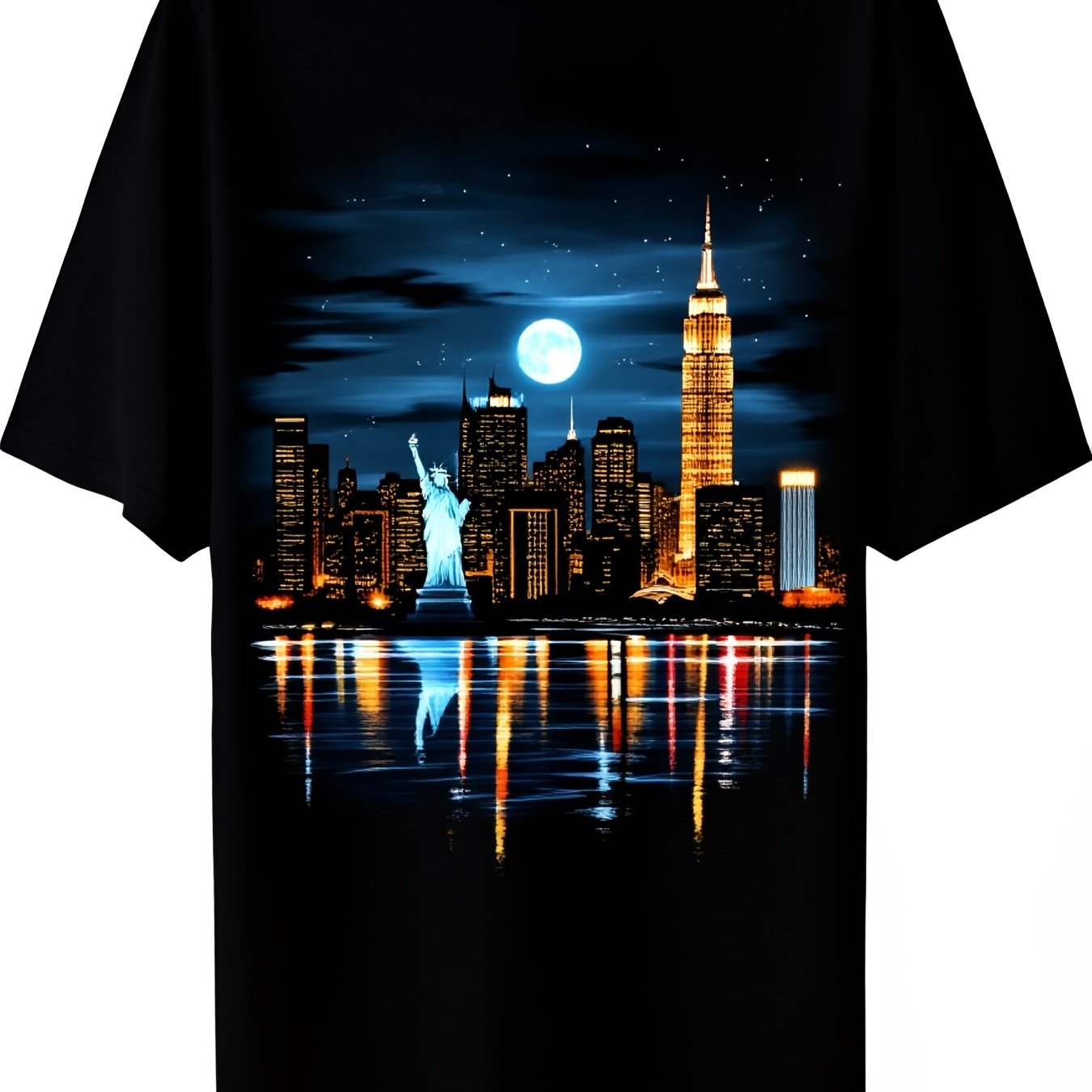 TEMU City Downtown Statue Of Nyc Tshirt10retro Casual Short-sleeved T-shirt With A Round Neck And Printed Pattern, Suitable For Daily Commuting And