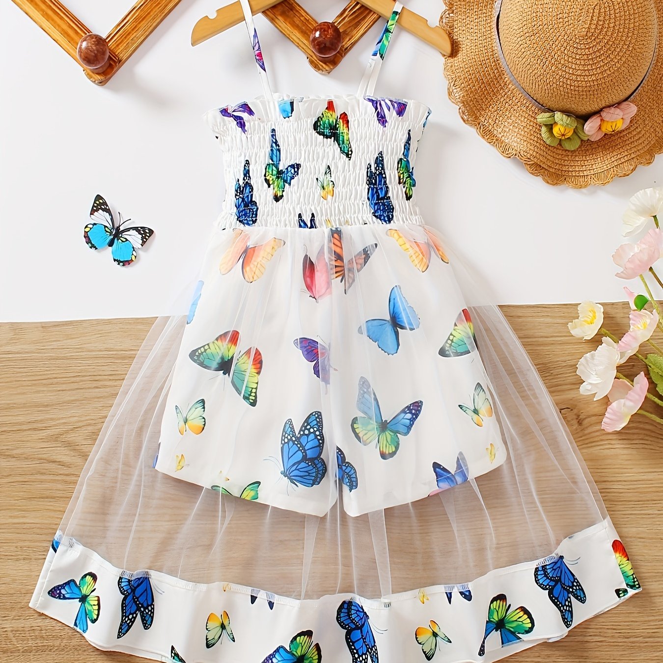 Image of (skirt Length Measurement Method: Front Mid-shoulder To Sole Length) Girls' Random Print Mesh Skirt Shorts Romper Summer Street Style, For Outdoor