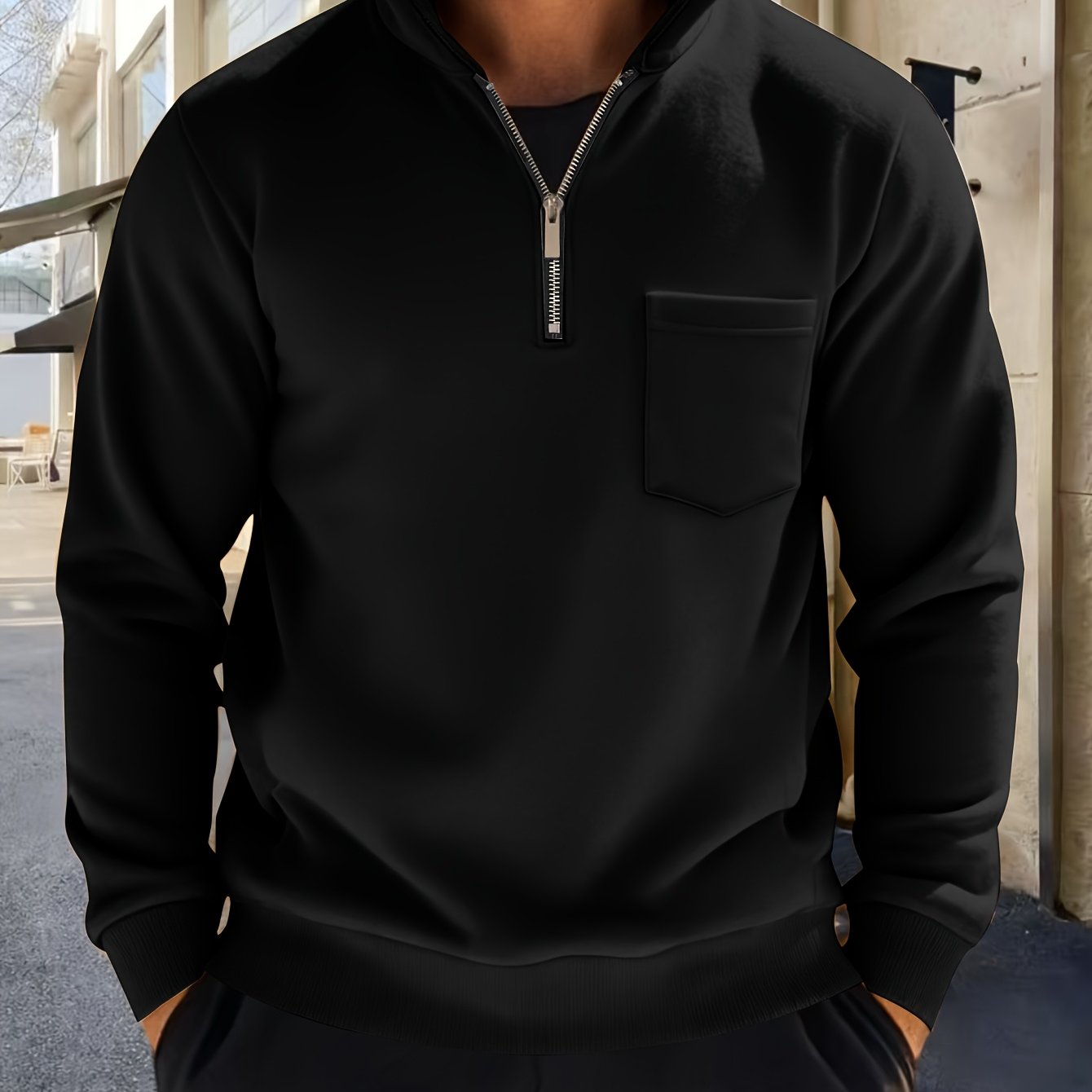E-shop Herren Verdicktes Langarmshirt - Halb-Reißverschluss, Vielseitiges Langarm-Kragen-Basishemd, Lässig , mit Tasche, Geeignet für Herbst/Winter