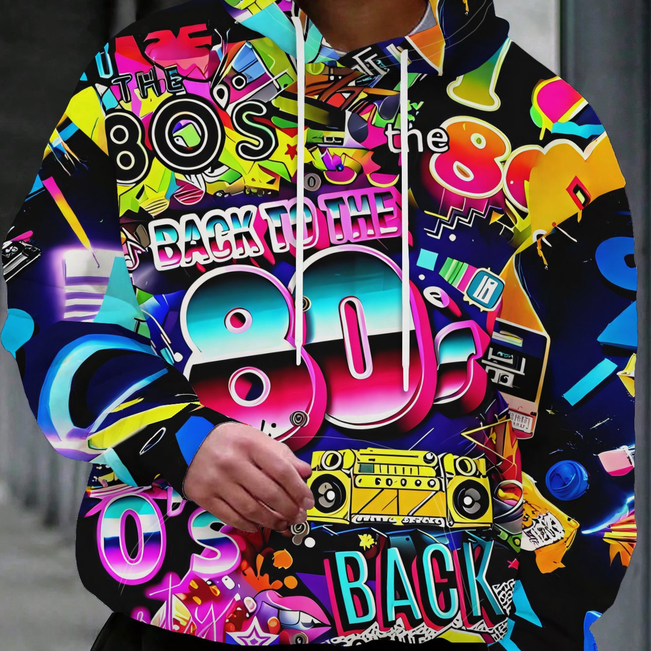 TEMU Men's 80s Retro Print Hooded Sweatshirt, Casual Polyester Fiber Long Sleeve Top, Style Athletic Wear, Machine Washable, Casual Daily Wear