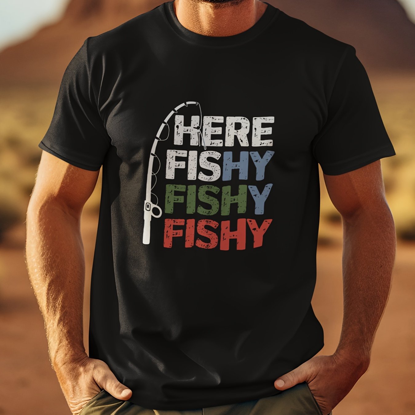 TEMU Men's "" Graphic Tee - Casual T-shirt With Fishing Rod Print, Round Neck, Short Sleeve - Ideal For Summer Outdoor Activities, Fishing Gear