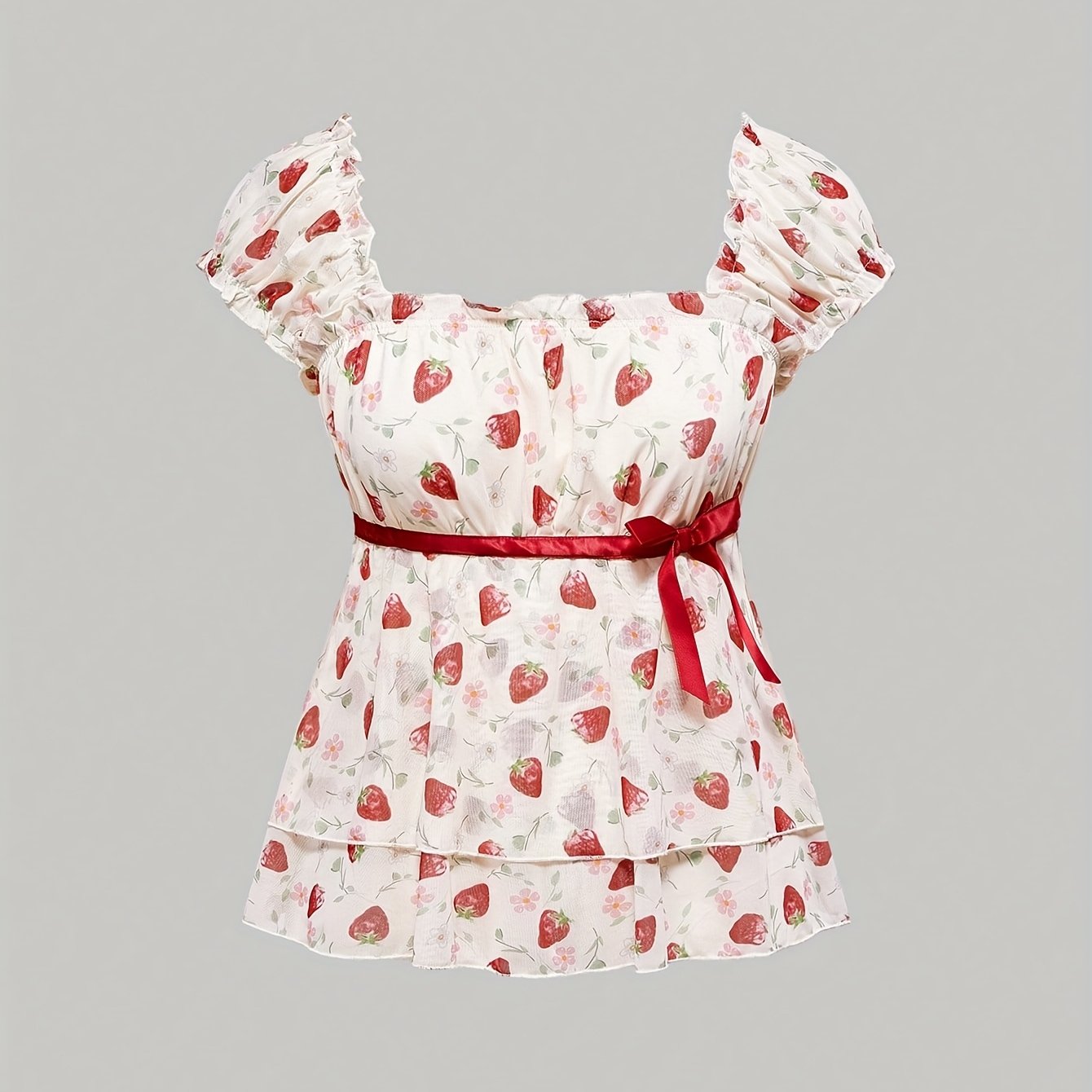 E-shop Damen Süßes Erdbeer-Print Puffärmel Quadrat-Ausschnitt Dolly-Kleid mit Schleifen-T-Shirt