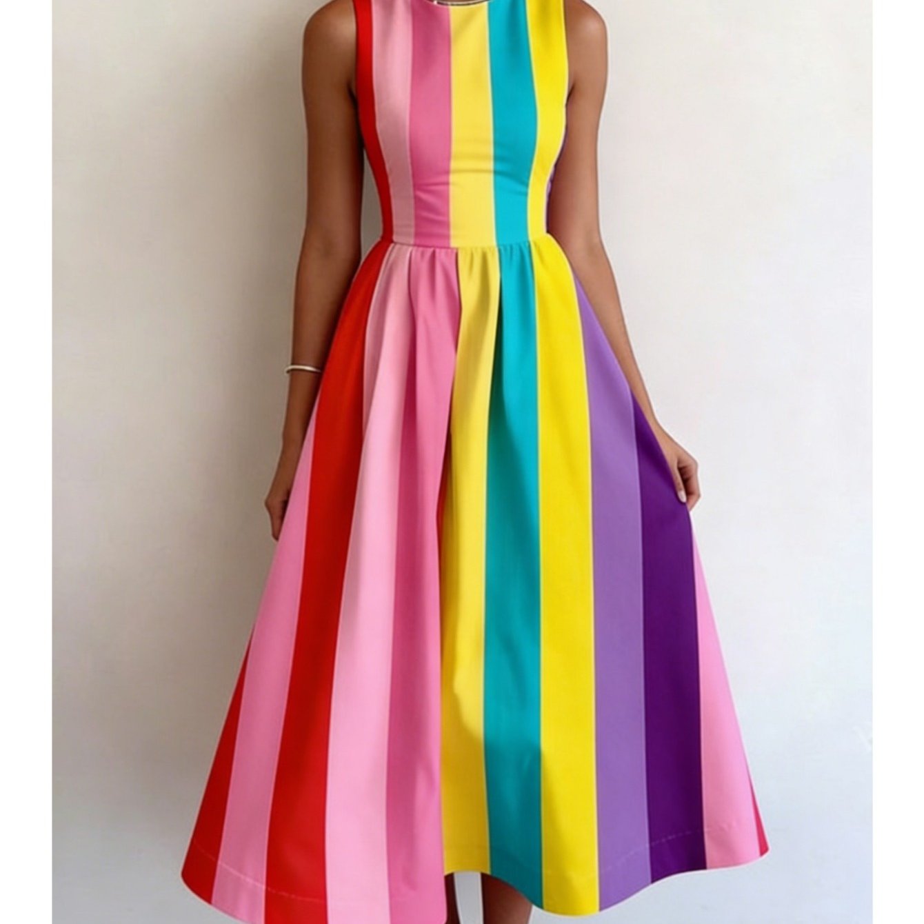 Image of Casual Resort-style Dress Featuring A Retro Design With Contrasting Stripes And Floral , Perfect For Spring And Summer, With A Round Neck And Sleeveless Cut