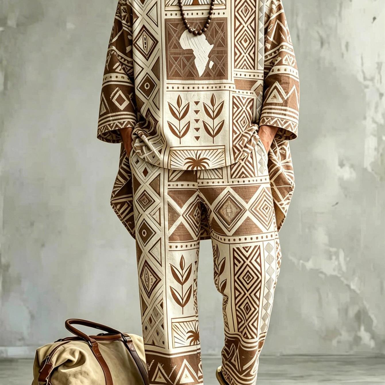 TEMU Ensemble décontracté 2 pièces grande taille pour homme, style de rue tendance avec imprimé tribal géométrique africain, , pour un ou cadeau ,