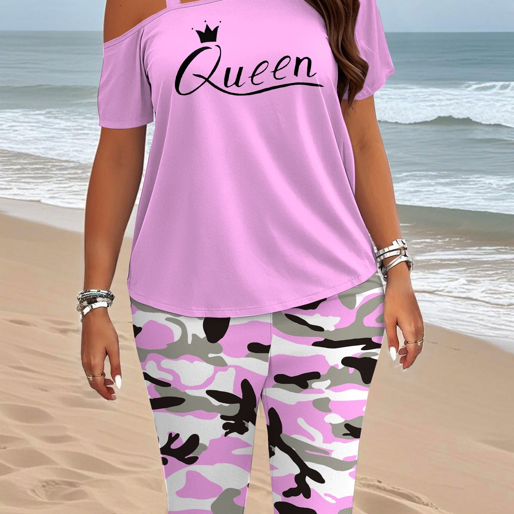 TEMU Plus Size, Plus Size 2pcs Set For Women, Camisole Top With Queen Letter Print And Camouflage Capri Pants
