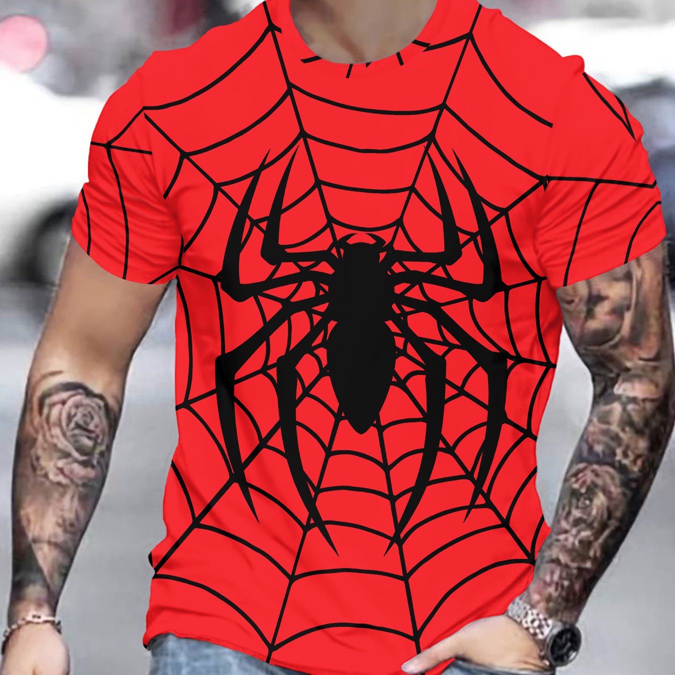 TEMU Men' Spider Web & Spider Print T-shirt - Anime-themed Crew Neck Short Sleeve Tee With Web Design, Machine Washable Casual Shirt Suitable For