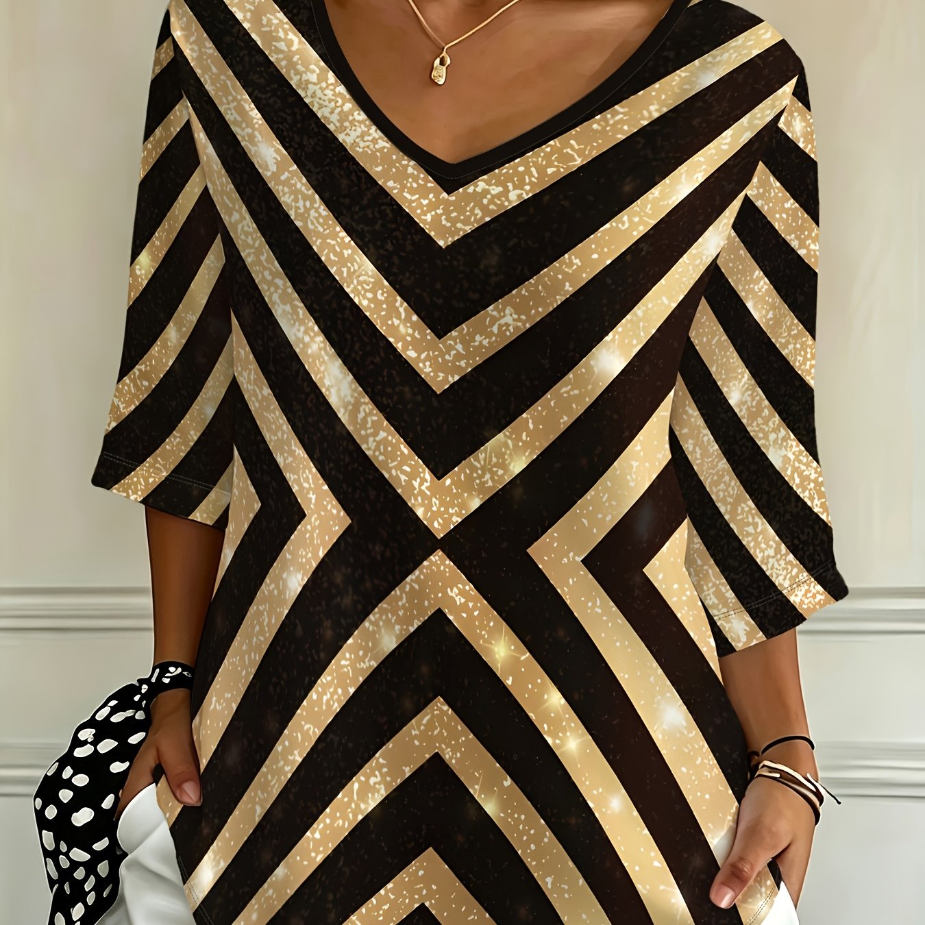 TEMU Plus Size - [printed Design - Not Textured] Casual Fashion Holiday New Women's Plus Size Loose Striped Printed Three-quarter Sleeve V-neck