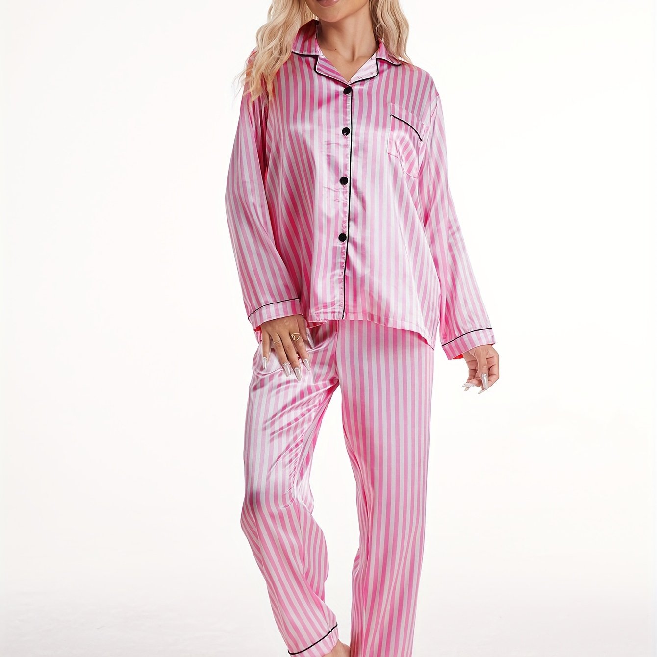 TEMU A Set Of 2 Pink And White Striped Satin Pajamas Featuring A Comfortable And Smooth Long-sleeve Shirt With A Collar, Button- Front, And Elastic