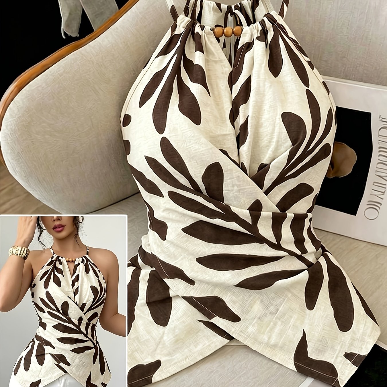 TEMU Color-block Women's Printed Sleeveless Halter Neck Irregular Design T-shirt Top