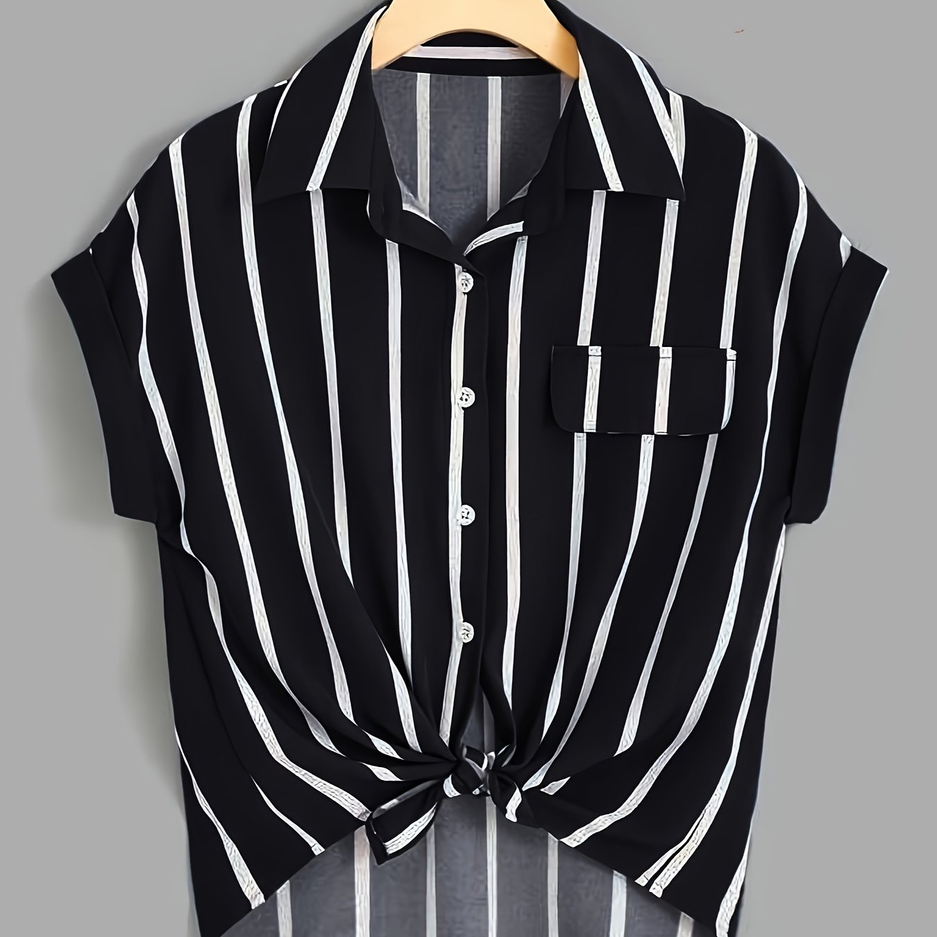 E-shop Gestreiftes Print Batwing-Ärmel-Shirt, Lässiges -Front-Kragenhemd, Damenbekleidung