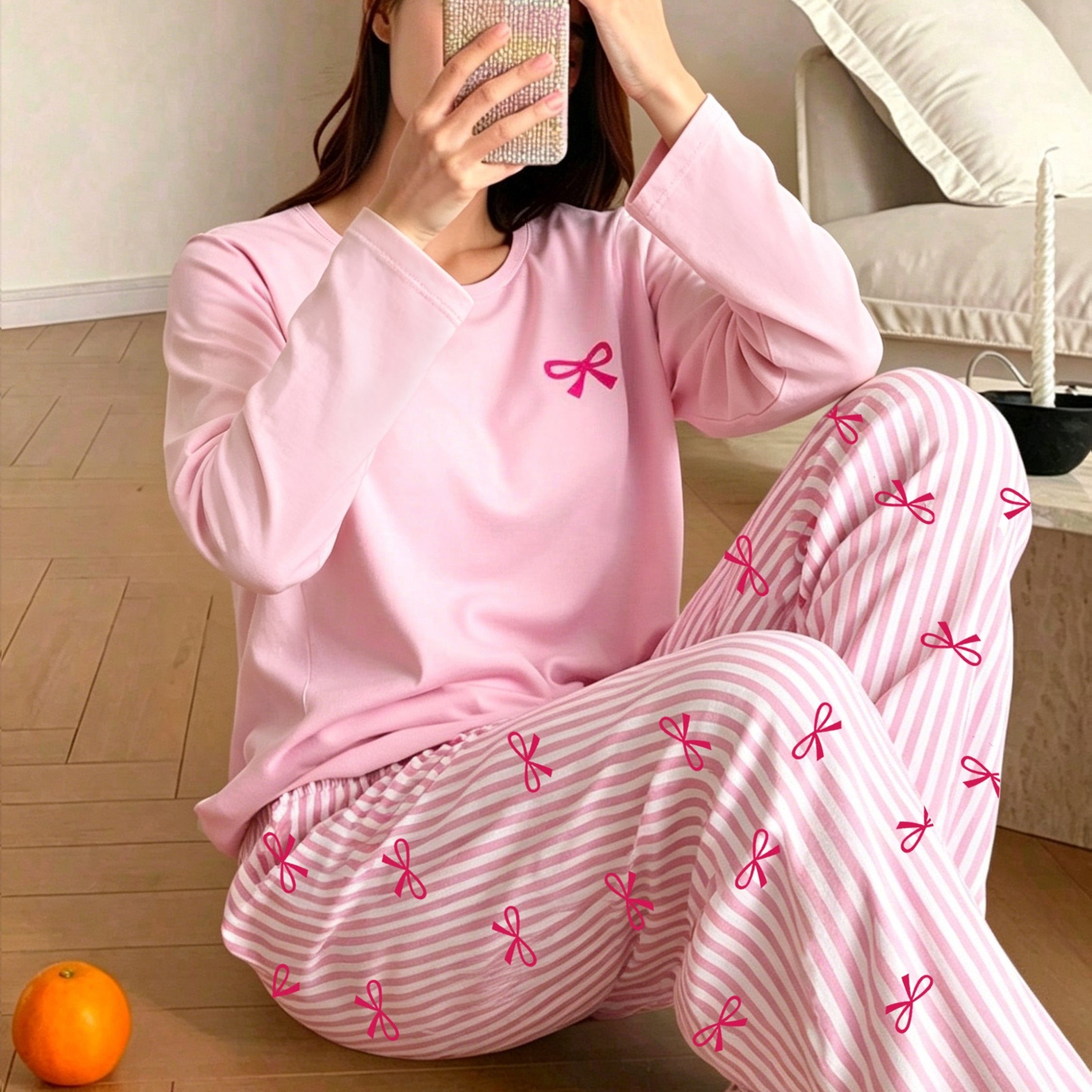 TEMU Autumn/winter Women's Round Neck Long Sleeve Top And Long Pants With Bow Tie, Striped Bow Tie Pants Loungewear Pajama Set