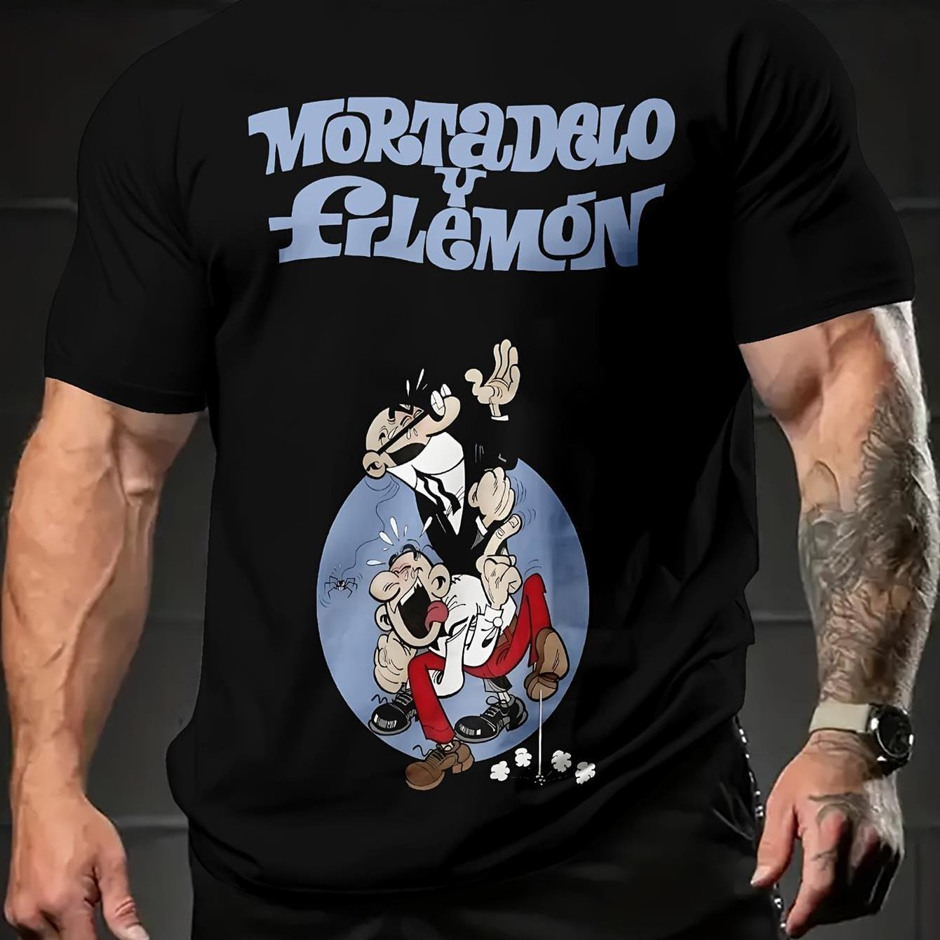 TEMU Camiseta Estampada para Hombre Y Filemon Negro, Estampado de Personajes de Dibujos Animados, Manga Corta, Ropa Casual Diaria, Camiseta de Moda -