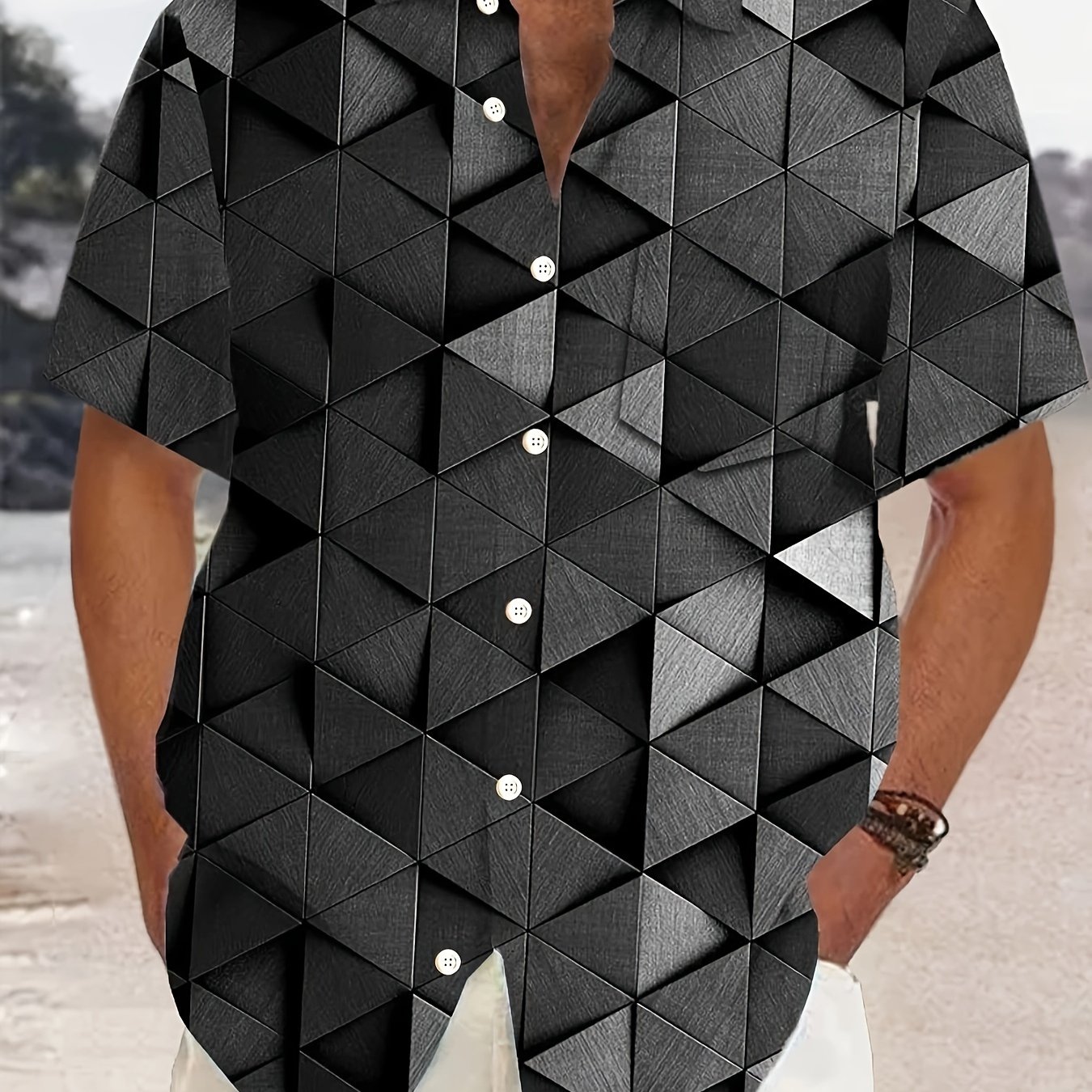 TEMU Plus Size Men's Geometric Pattern Graphic Print Shirt For Summer, Stylish Casual Short Sleeve Shirt