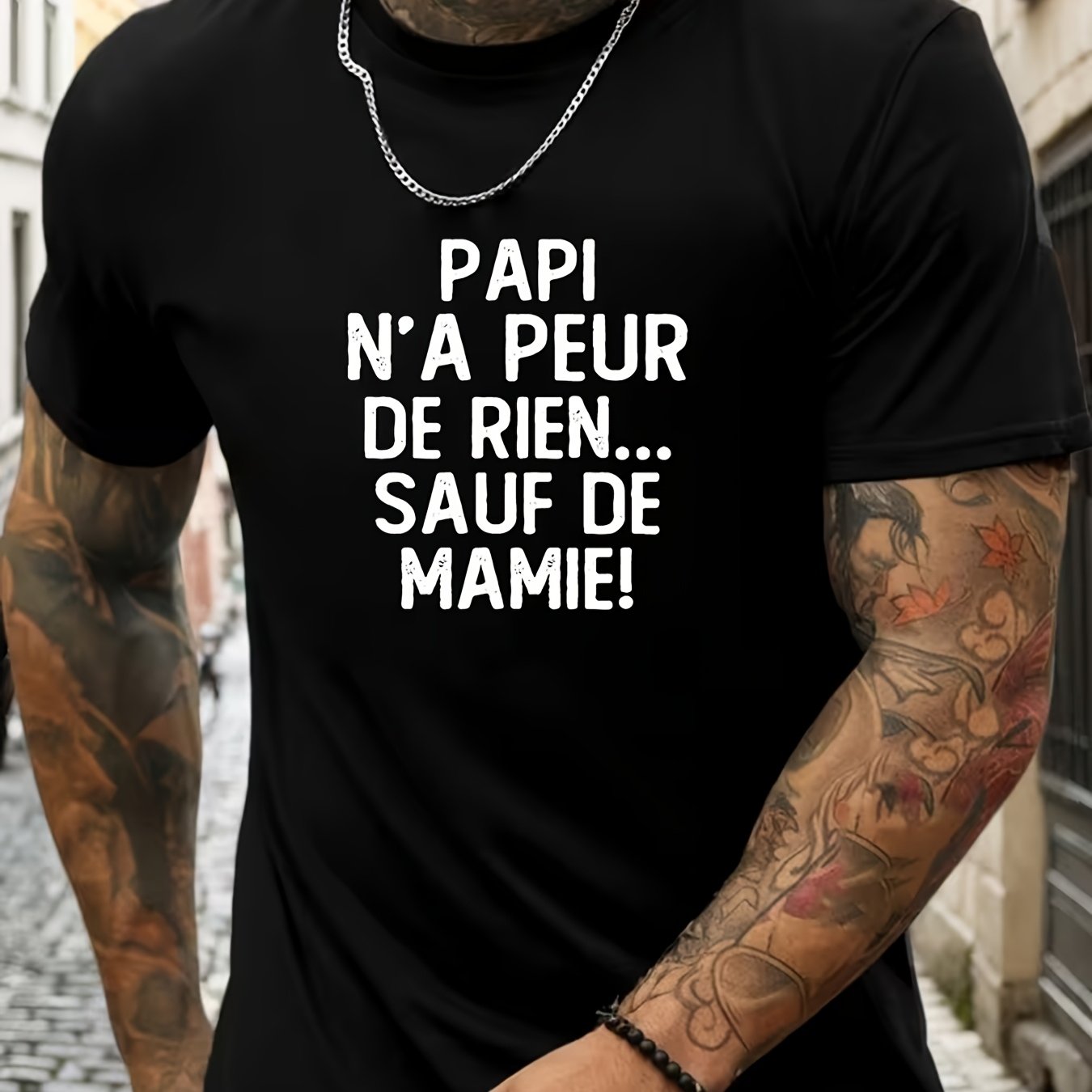 TEMU T-shirt pour Homme avec Française " N'a Peur Sauf de Mamie" - T-shirt d'Été à Manches Courtes et Col Ras du Cou avec Imprimé en Français, Coupe