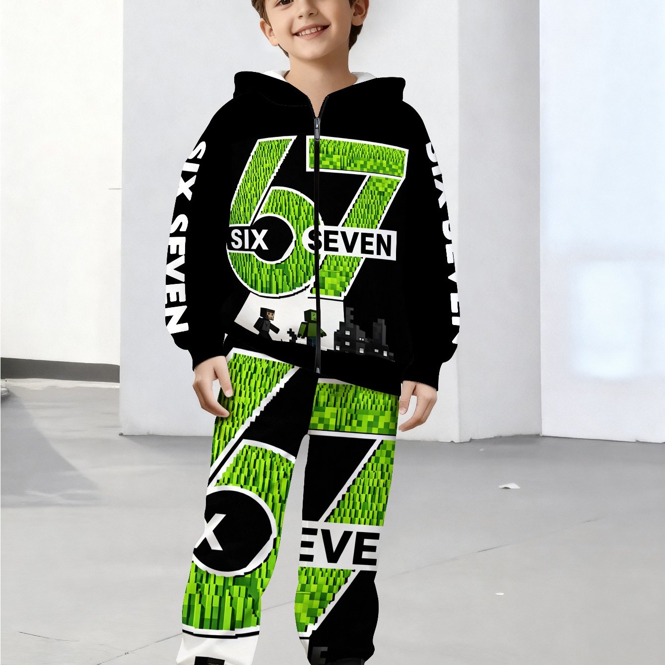 TEMU Boys 67 Trendy : Game Style Printed Hoodie Pants 2pcs Set, Perfect For Outdoor