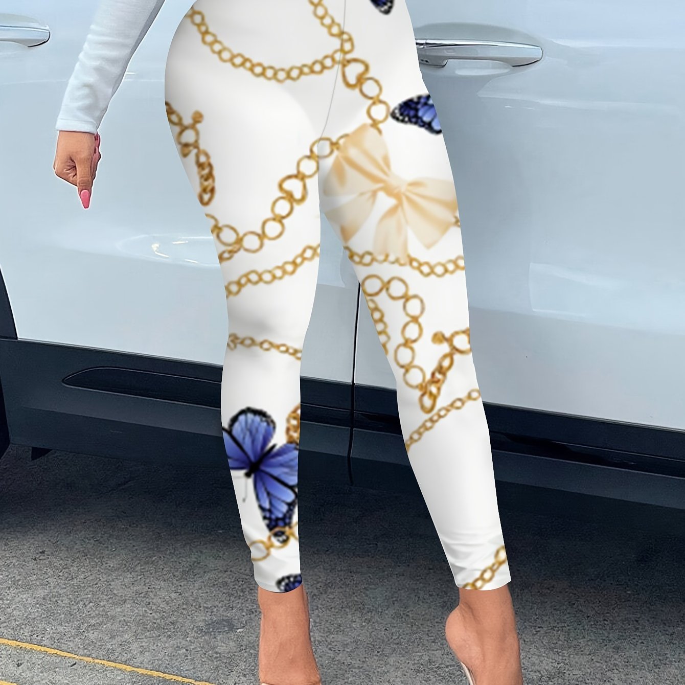 TEMU Print Skinny Leggings, Casual High Waist Day Stretchy Leggings, Women's Clothing