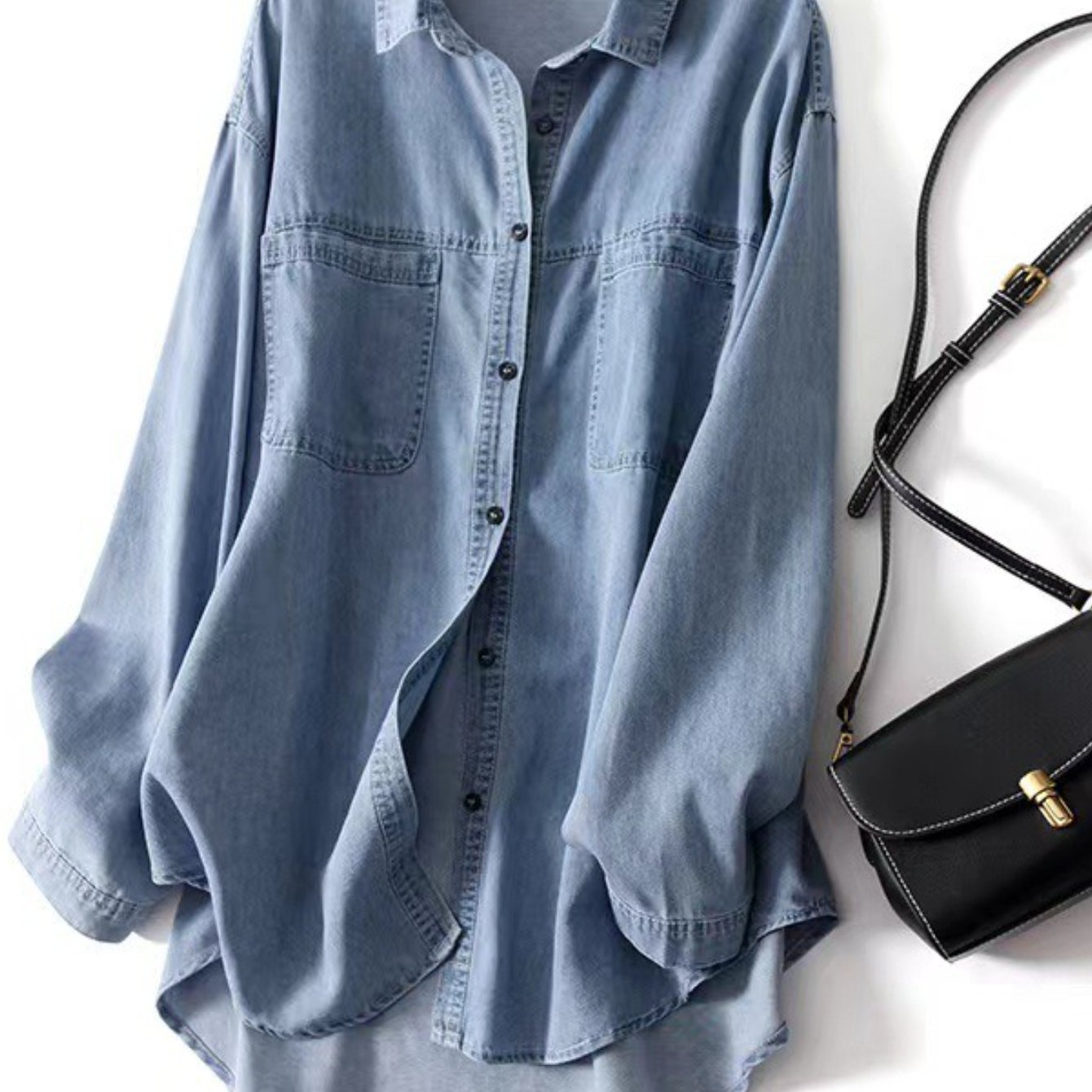 TEMU Women's European Inspired Denim Overshirt 2025, Design With Relaxed Fit And Vintage Washed Finish For Layered Styling