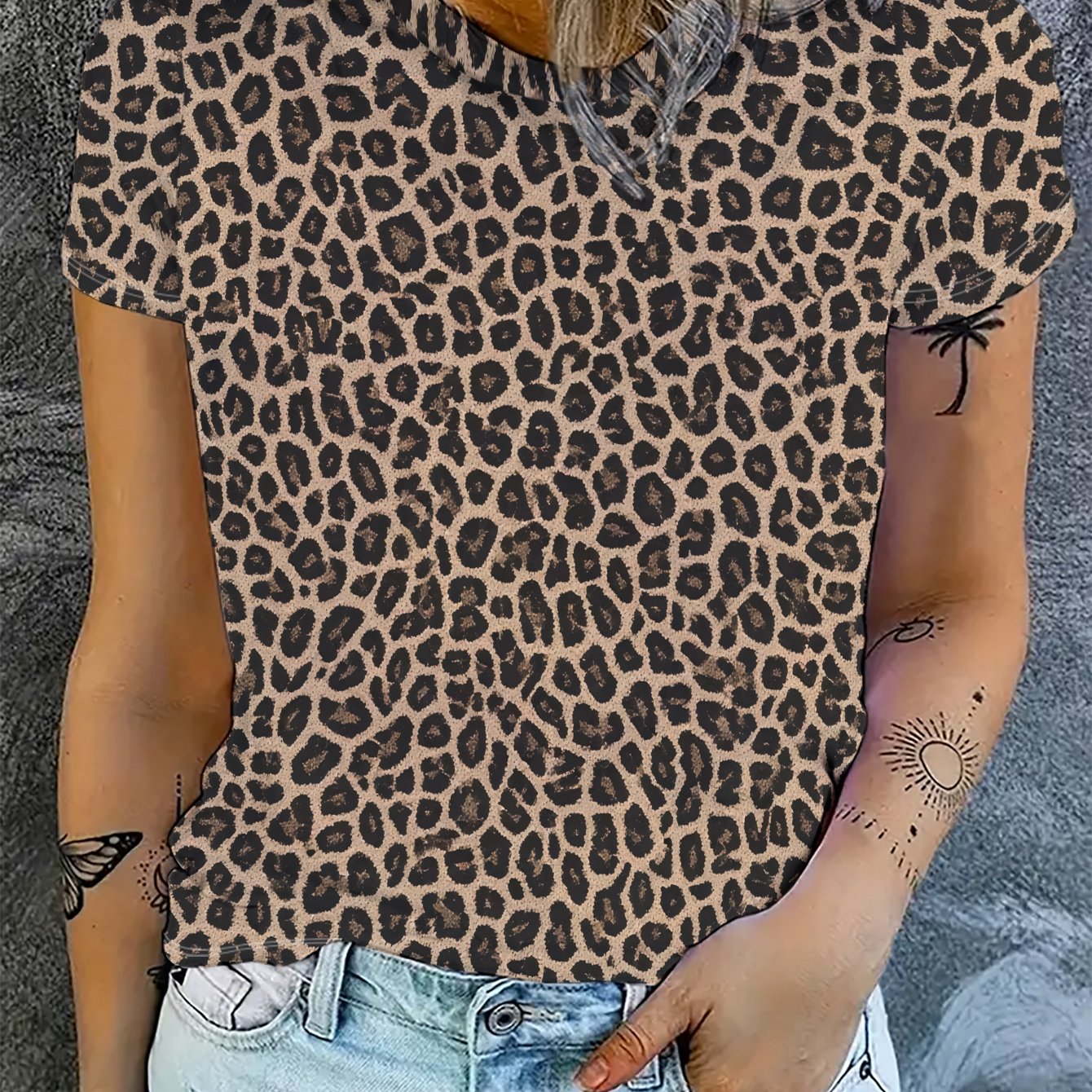TEMU Leopard Print Short Sleeve Top, Round Neck Design, Easy And Fashionable