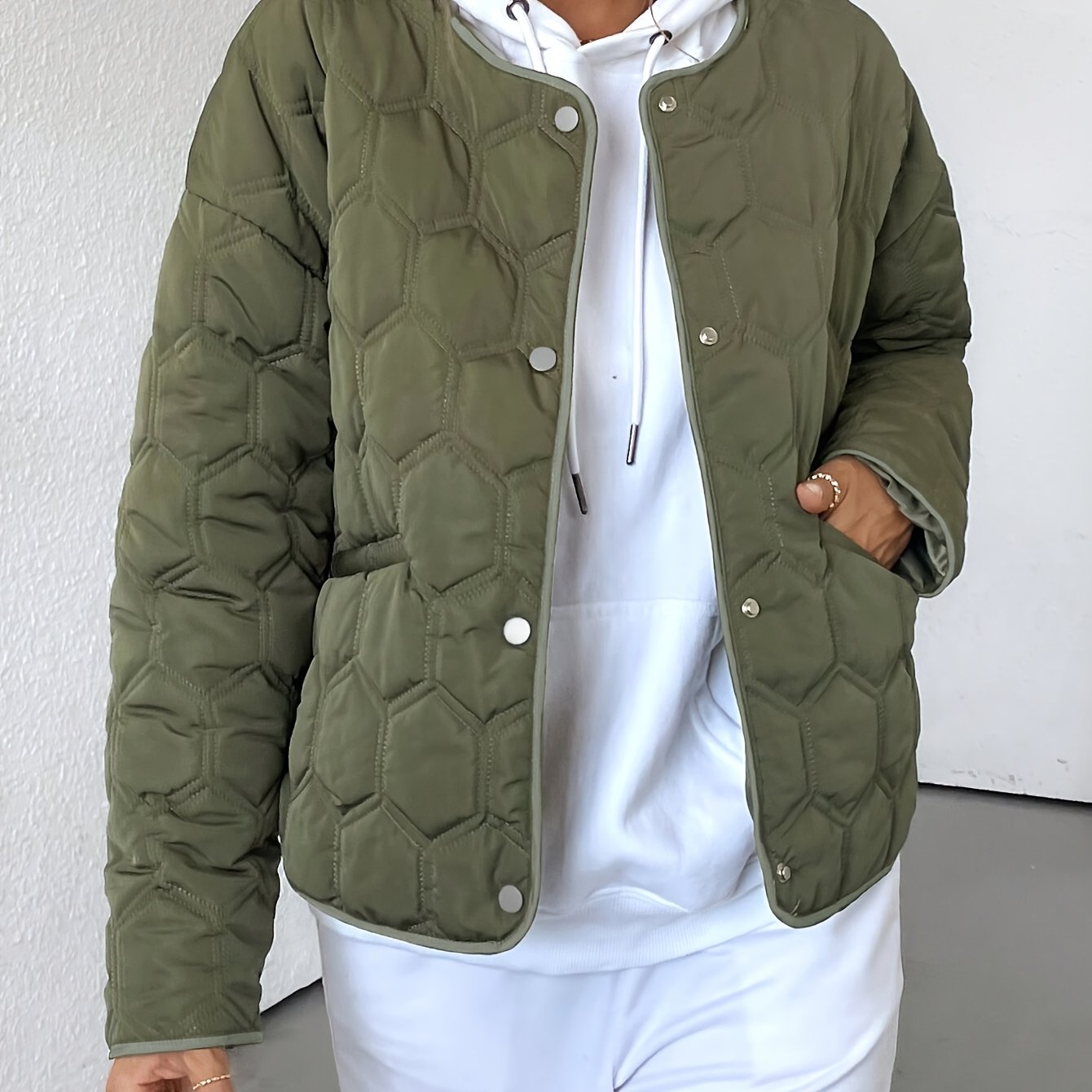 Geometric Quilted Long-sleeve Crewneck Jacket With Pockets