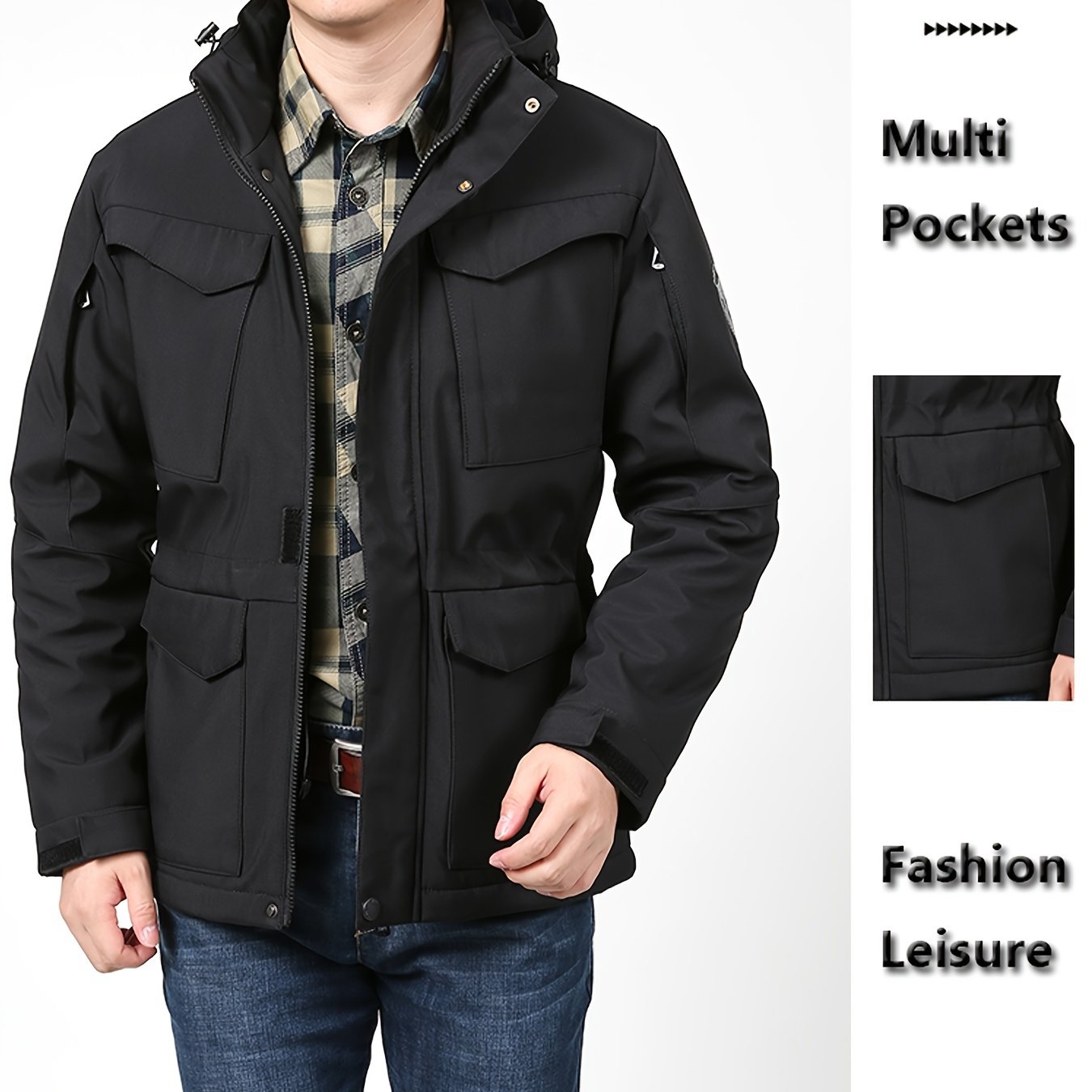 Image of Men's Winter Outdoor Jacket, Windproof And Warm, Detachable Hat, Multi-pocket Workwear Design, Black, Loose Fit For Hiking And Casual Wear;