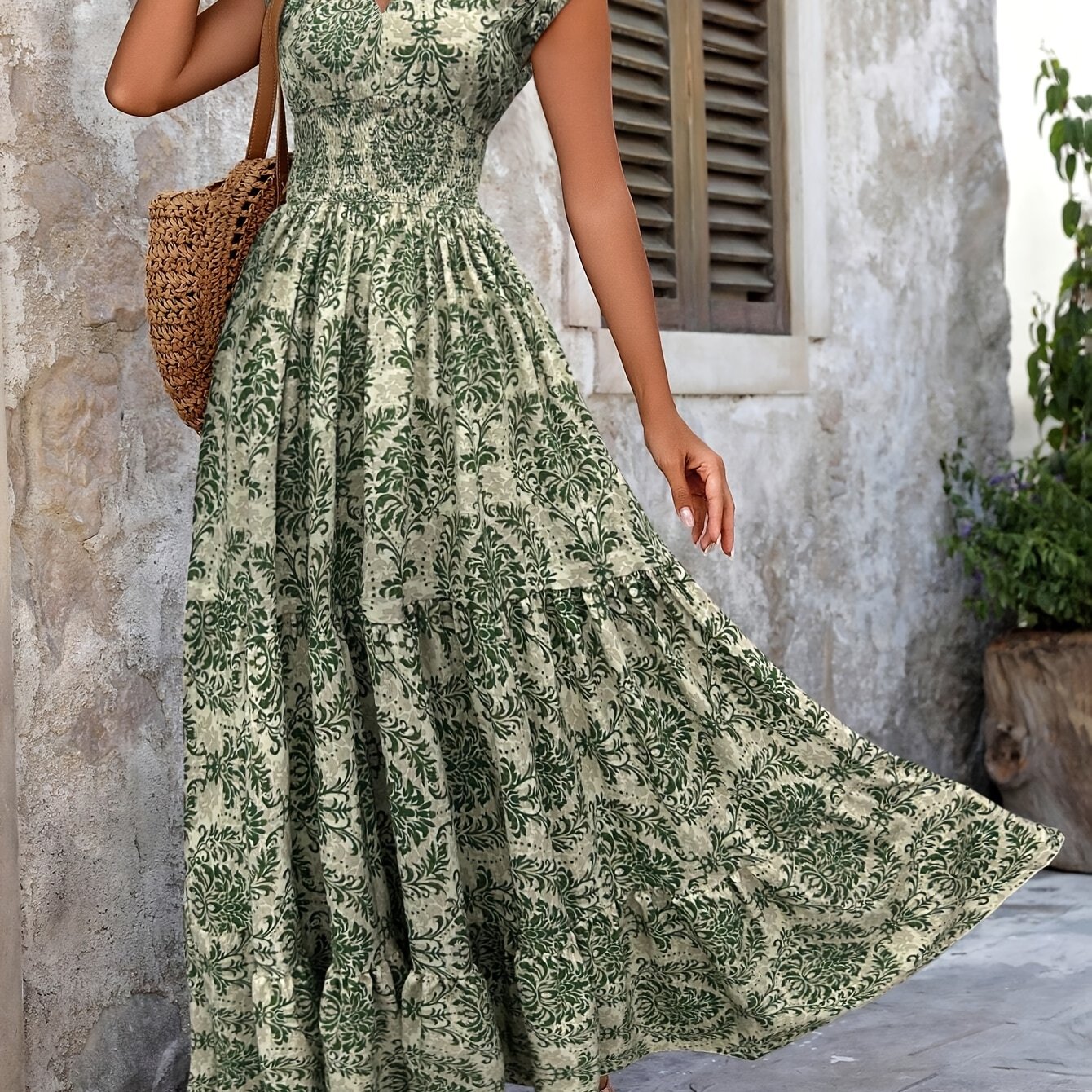 TEMU And Women's Printed Short-sleeve V-neck Long Dress From Evening Mist.
