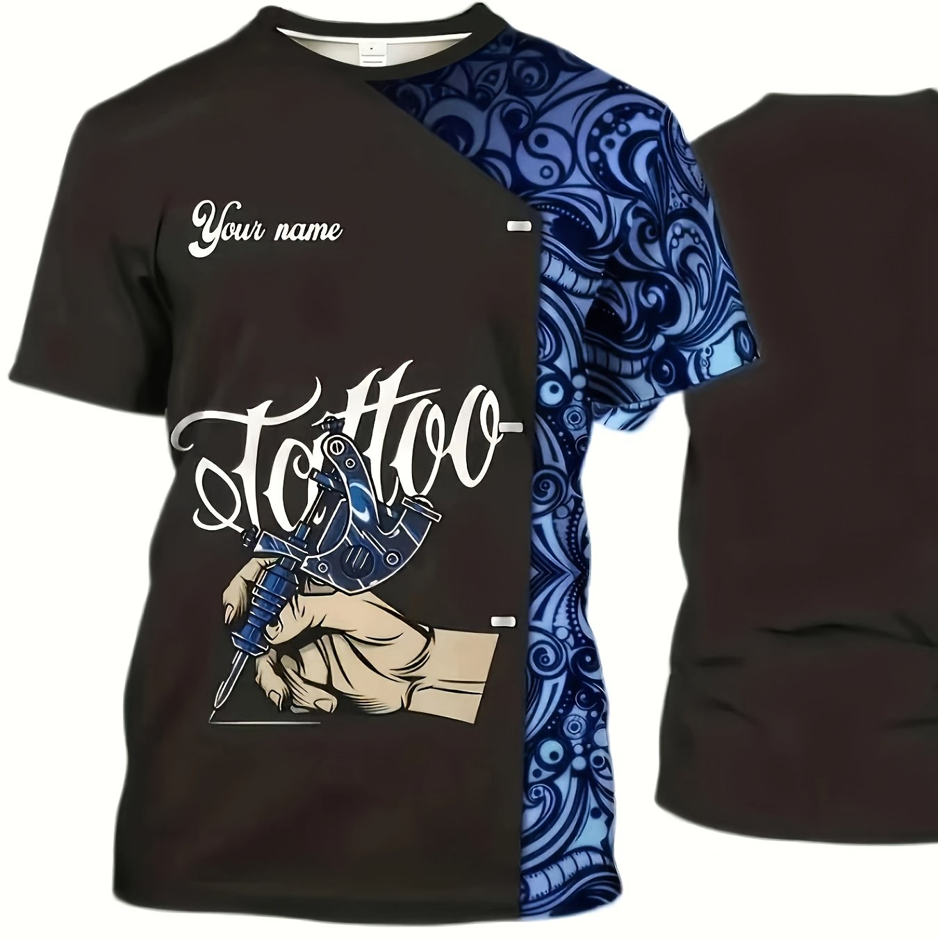 TEMU Custom Printed Tattoo Artist Pattern T-shirt - "tattoo Fanatic" Design, Black Boho Style Casual Short Sleeve Top, Unisex Summer Regular Fit,