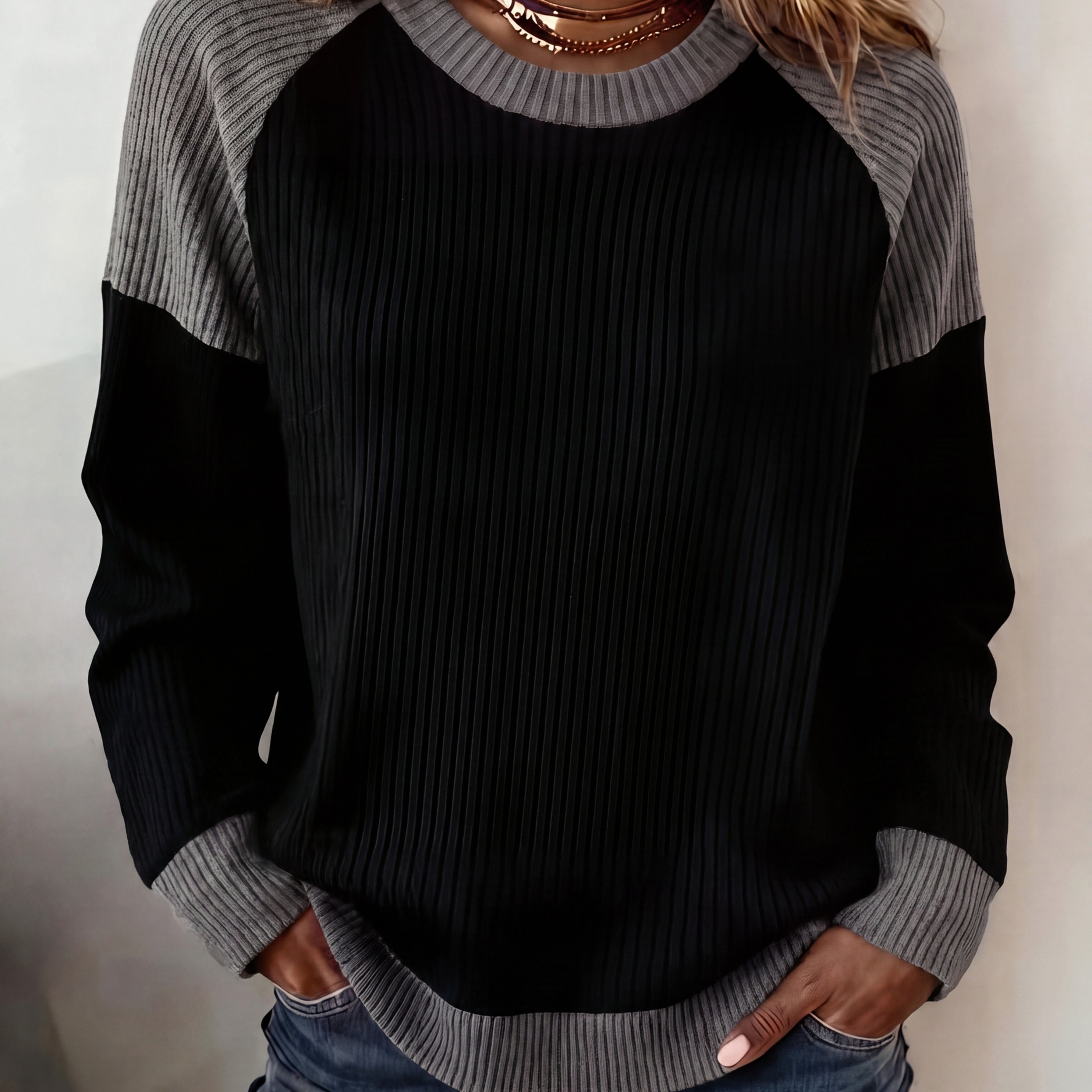 TEMU Color-block Shoulder Sweater Women's Round Neck Loose Casual All-match Long Sleeve Sweatshirt Autumn Winter