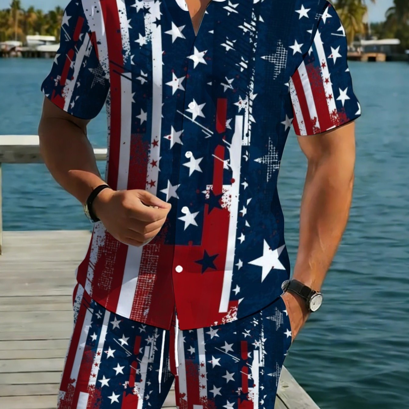 TEMU 2[printed Design Not Textured]men's Patriotic Stars And Stripes Short Sleeve Shirt Pants Set, Lightweight Polyester Casual Wr For B Parties,