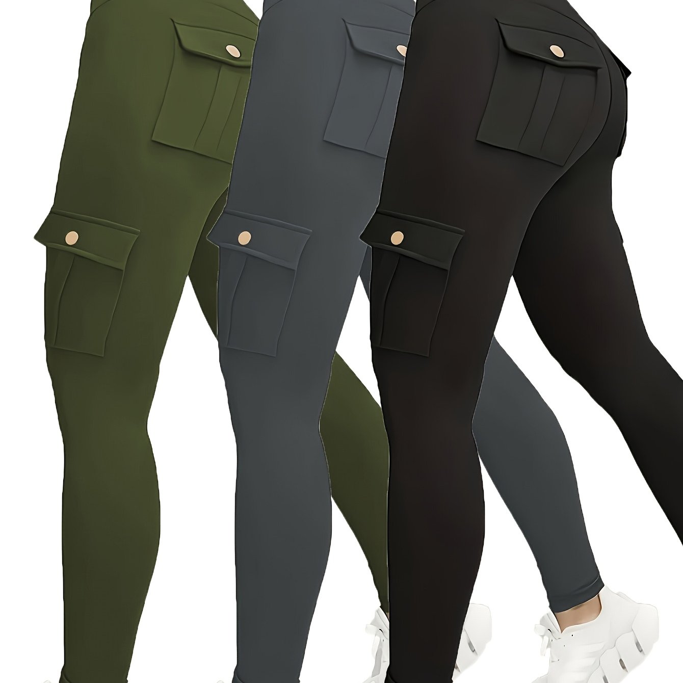 Image of 3pcss Set Of New Autumn High-waist Athletic Pants With Pockets, Yoga Leggings, Cargo Pants, Skinny Pants 3pcss Set