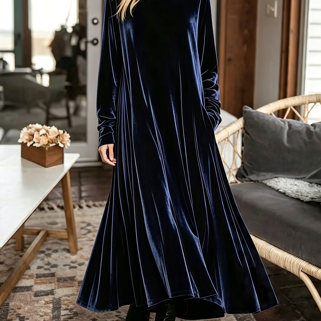 TEMU Women's Velvet Slouchy Collar Long Sleeve Maxi Dress, Velvet High Neck Loose-fitting Flowy A-line Dress With Pockets, Elegant Autumn/winter
