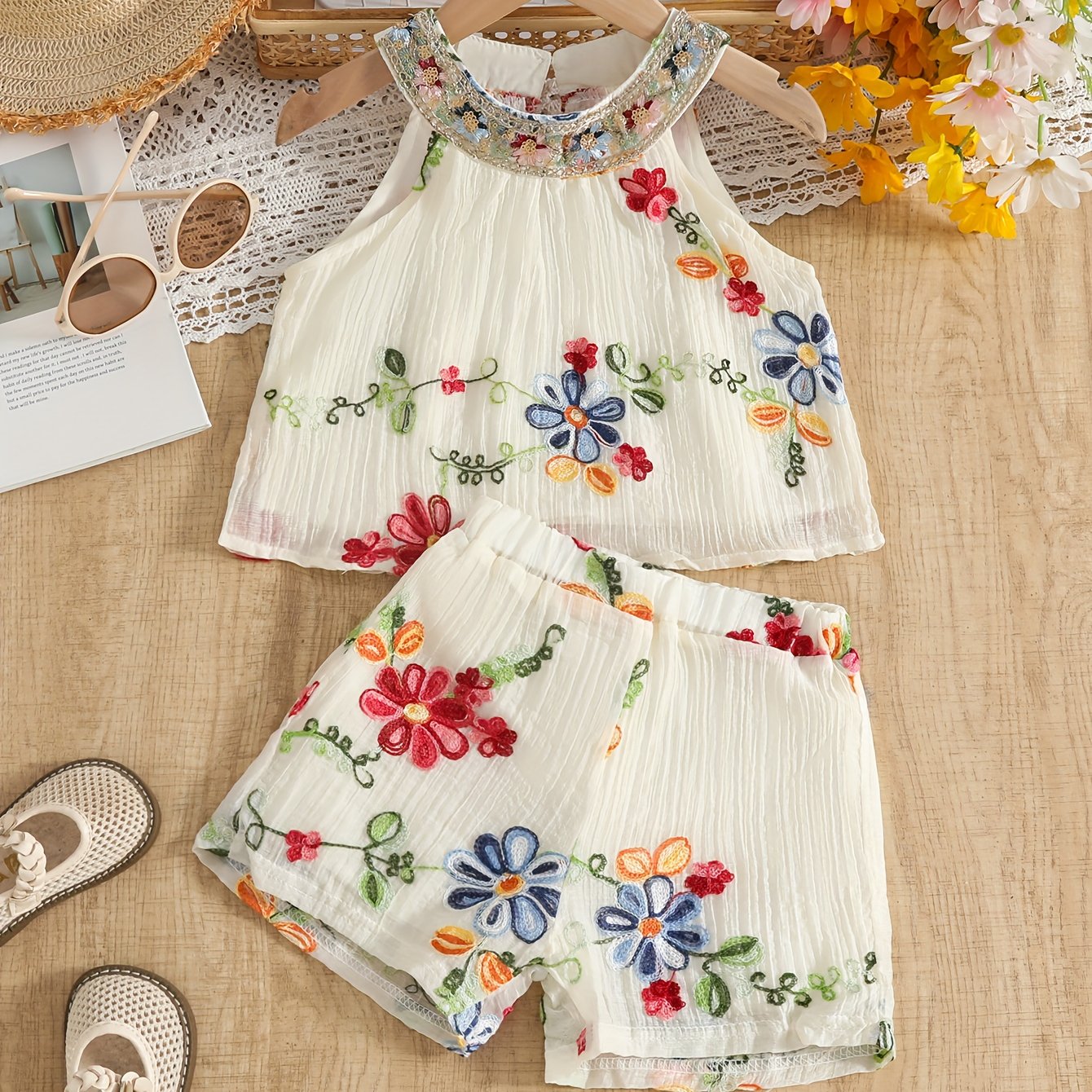 Image of Summer ' Colored Thread Floral Embroidery Chiffon , Double Layer Sleeveless Short Sleeve Top And Elastic Waist Double Layer With Lining Shorts Set Summer Bohemian Vacation Clothing, Sweet And Cute