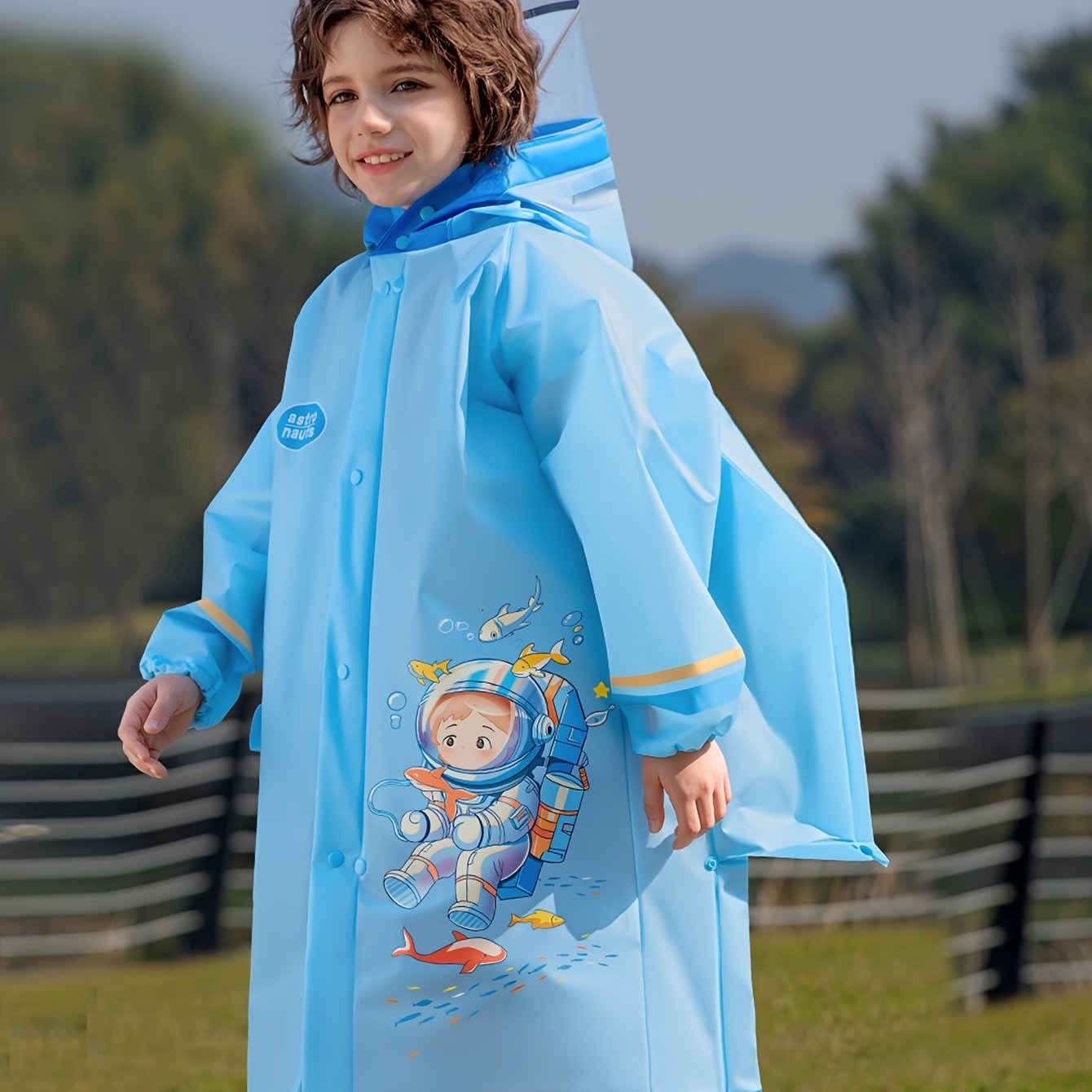 Image of Raincoat For Boys, Mid-length Outdoor Rain Poncho With Astronaut Cartoon Design, Made Of Eva Material, Featuring Double Rain With Buttons And Zippers, Easy To Clean, Suitable For On , 1pc
