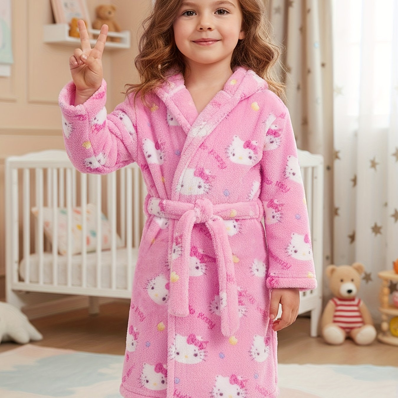 Image of Hello Kitty Girls' Hooded Nightgown, 1pc, Flannel Nightgown With Belt, Warm And Comfortable Autumn And Winter Pajamas, Suitable For Gifts, , Girls' Fashionable Pajamas