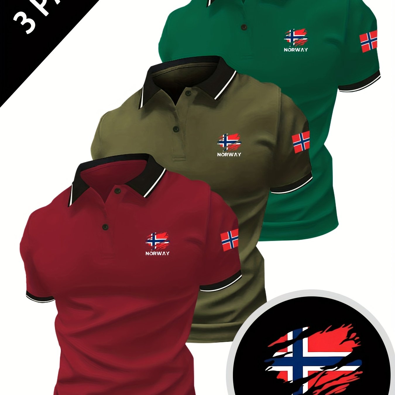 TEMU Set Of 3 Men's Casual Sports Shirts With Flag Print, Comfortable And Breathable, Perfect For Outdoor Activities In Summer