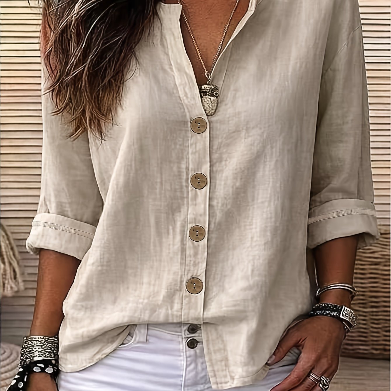 TEMU Plus Size, Women's /autumn Loose-fit Three-quarter Sleeve Commuter Shirt