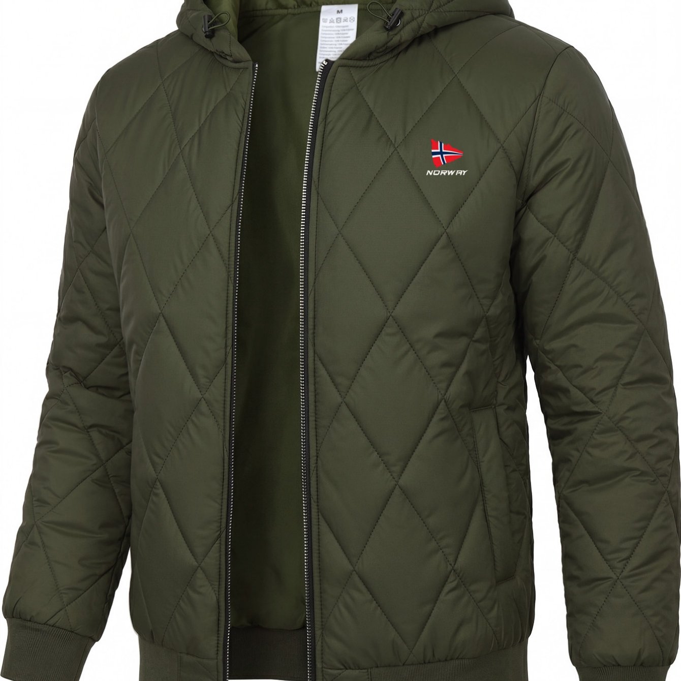 TEMU Easy Men's Hooded Jacket Norway Flag Text Checkered Quilted Long Sleeve Zippered Coat
