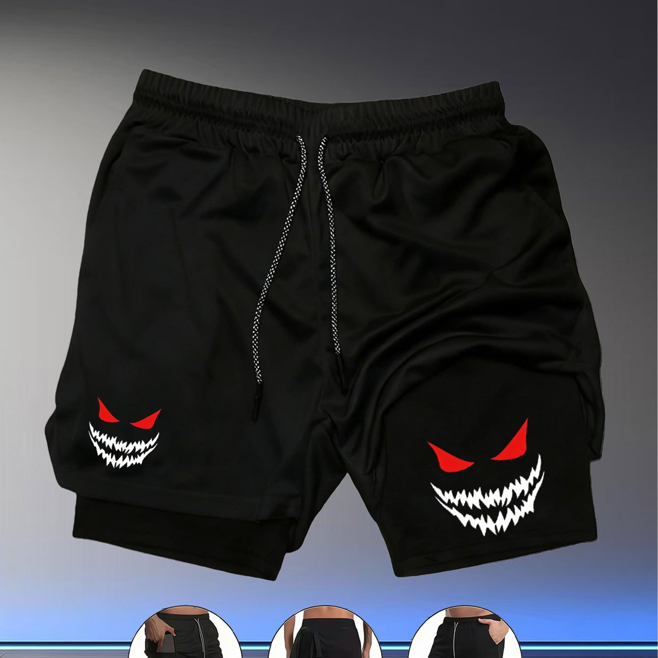 TEMU Men's Quick-dry Double Layer Shorts, Blind Buy! Red Eyes And Fangs Print -friendly Lining, Fitness Running Aura Full Double Layer Skin-friendly