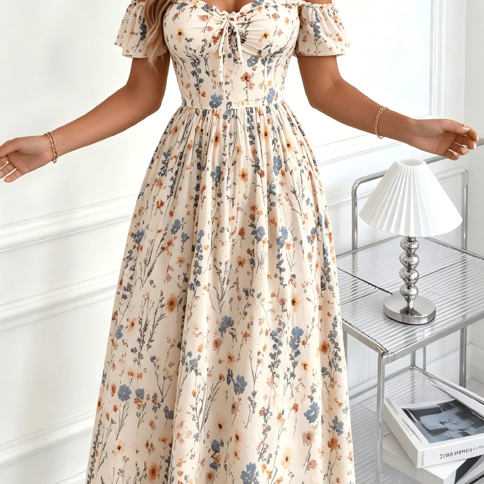 Image of Shangyue Clothing Women's New Elegant Waist-cinching Printed Vacation Dress