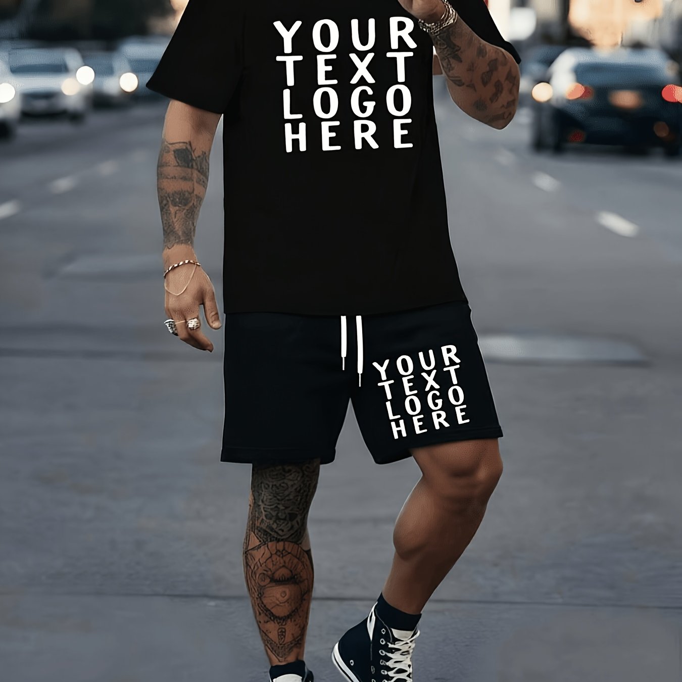 TEMU Customizable Text Logo Design Men's Short-sleeve And Shorts Set, Summer Fashion Brand Printed Men's Casual Sportswear Base Layer Set, Plus Size