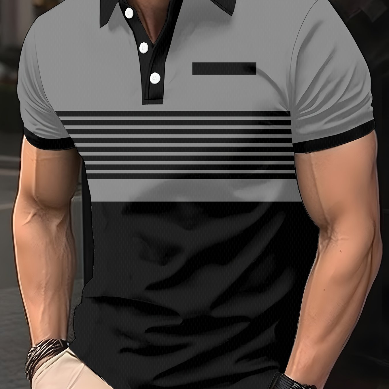 TEMU Men's Striped Color-block Stitching Shirt - Dark Green White Collar V-neck Short Sleeves, Breathable Summer Style, Regular Fit, Durable Fabric,