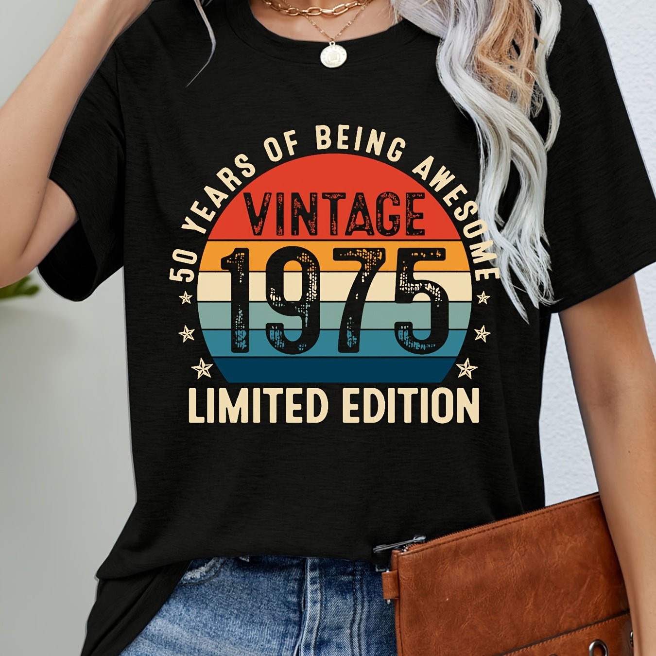 TEMU Women's Vintage-inspired "50 Years Of Being Awesome 1975" T-shirt - Edition, Casual Crew Neck, Short Sleeve, Machine Washable, Lightweight For ,