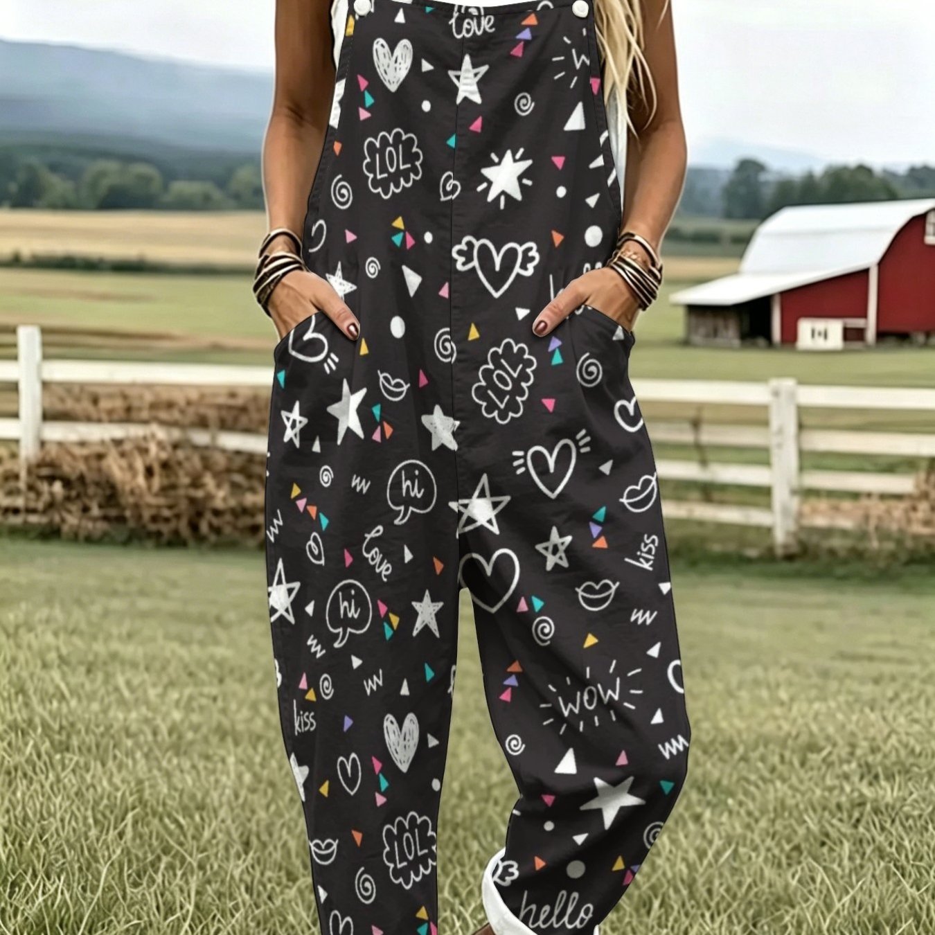 TEMU Women's Leisure Overalls With Heart Graphics, Wrapping Paper Design, Fashion Sleeveless Button-up With Pockets, Suitable For Vacation And Daily