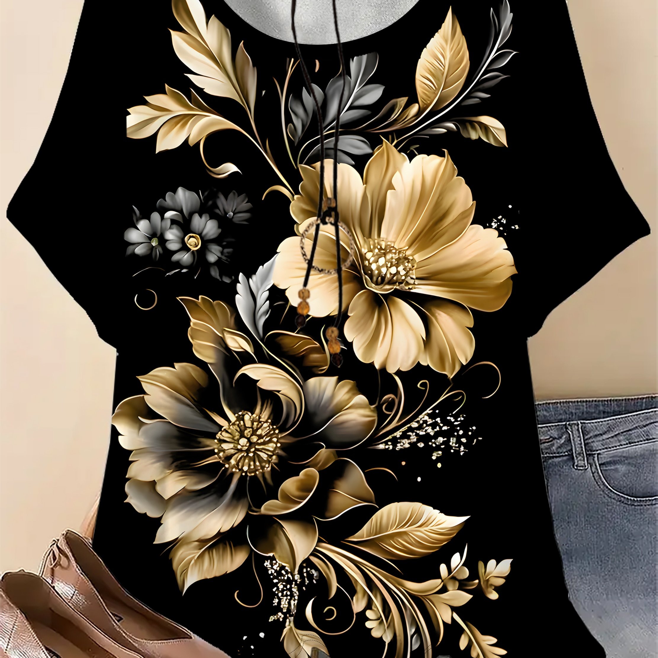 TEMU Plus Size - Plus Size - Plus Size - Plus Size Women's Top Features A Rose Print, Short Sleeves, And A Round Embellishment, Perfect For Casual
